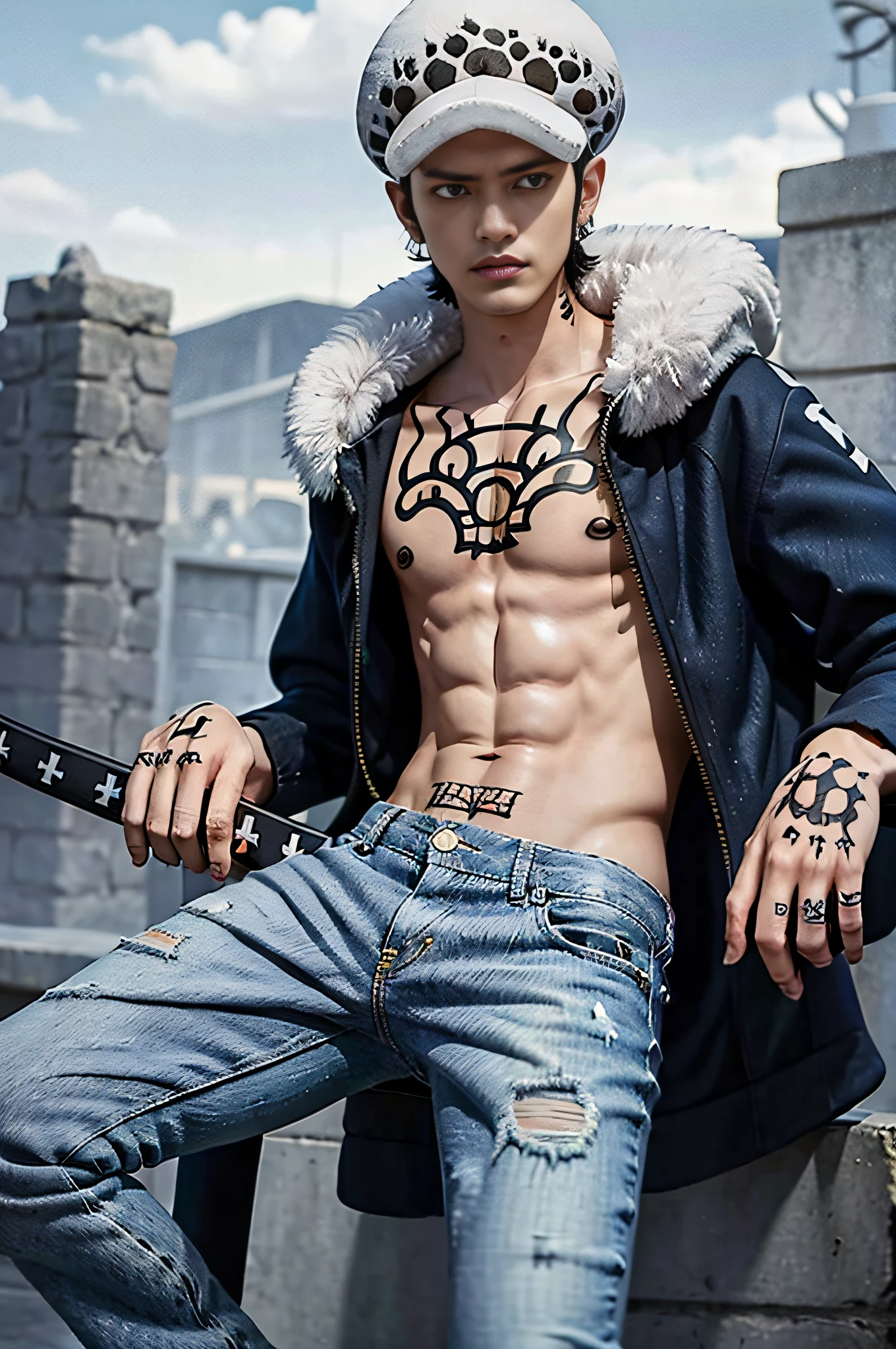 masterpiece, best quality, 8k, highestres, absurdres, extremely detailed, trafalgar law, 1boy, 1sword, solo, looking at viewer, short hair, medium built, hat, navel, earrings, midriff, pants, coat, fur trim, denim, jeans, shoulder tattoo, hand tattoo, finger tattoo, black fur-trimmed coat, coat on shoulders, tank top,///,