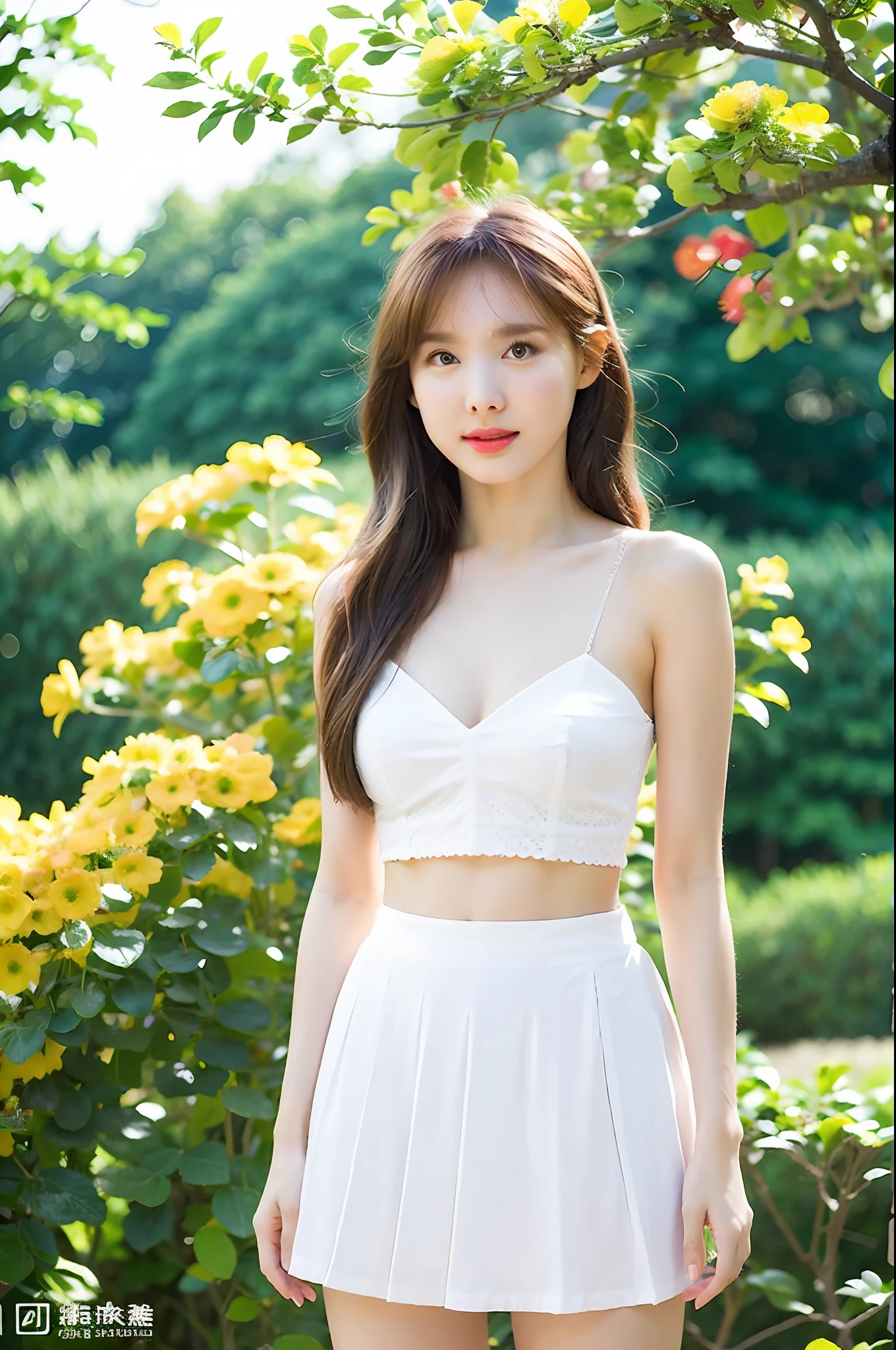 (Best quality, masterpiece: 1.2), portrait, breasts, outdoors, 25-year-old woman in the garden: 2, white miniskirt, (pale yellow flower chaos in background: 1.3), backlight: 1.7, rich skin details: 1.8,