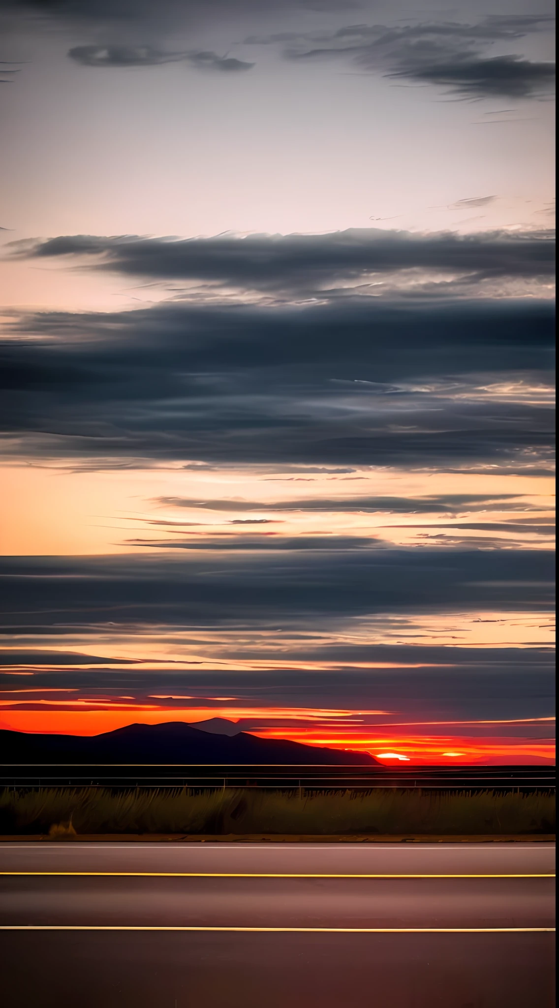 Lonely, lonely on the highway. The sky is orange-red sunset, the clouds are beautiful and romantic, and there is a little dark purple in the sky. The whole picture gives a strong sense of loneliness, melancholy and romance. Please use the best image quality and detail, high quality, UHD, 16k, highres