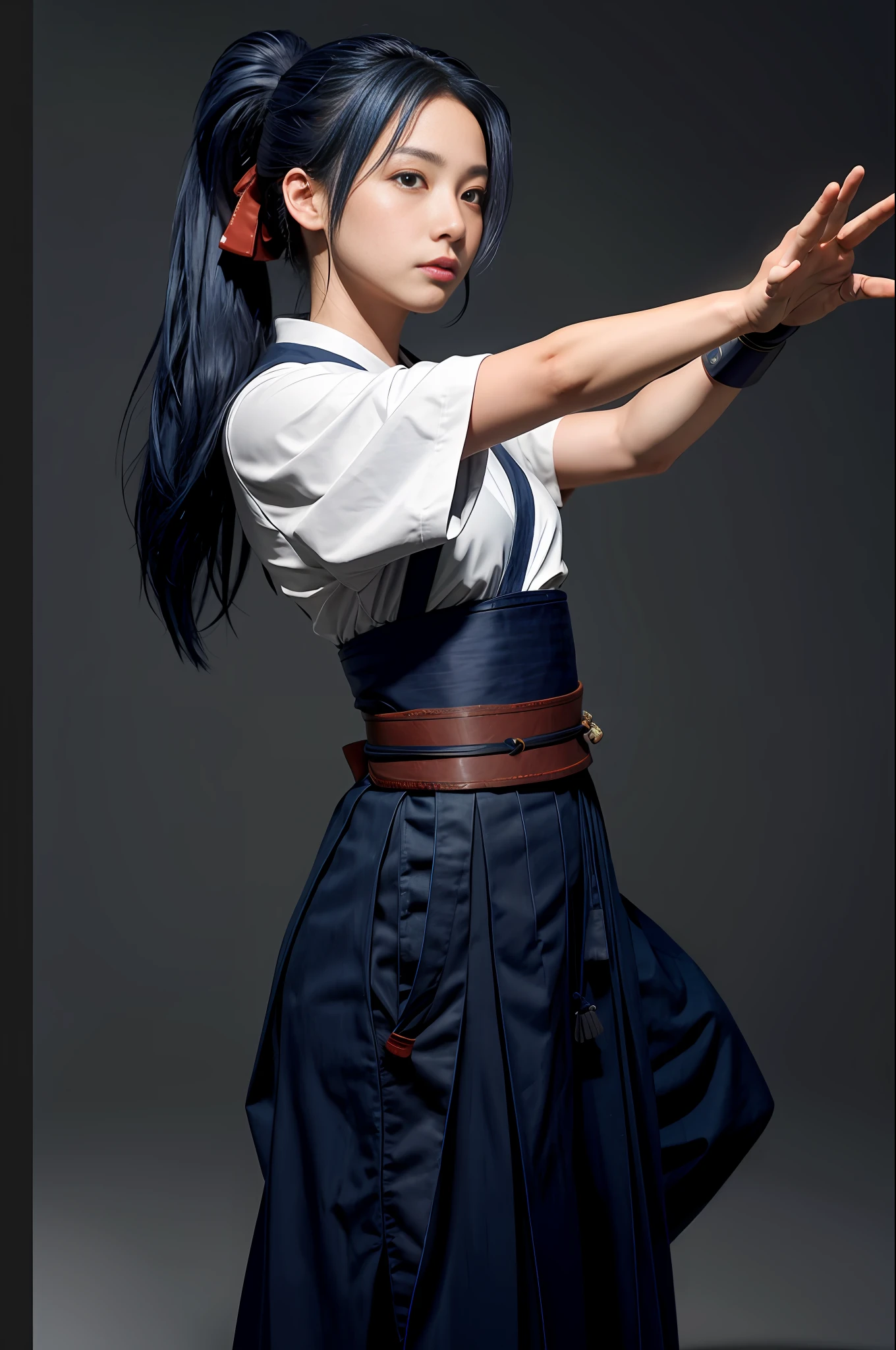 (Masterpiece, Top Quality, Top Quality, Ultra High Definition, Official Art, Beautiful and Aesthetic: 1.2), Cowboy Shot, Professional Artwork, Super Detailed, Complex, Detailed Face, Perfect Lighting, 1 Girl, Solo, Kasumi MS, (Fractal Art: 1.3), Blue Hair, Ponytail, Hakama, Blue Hakama Skirt, 1 Katsu Band, White Japanese Clothes, Katyusha, Barefoot, Toes, Red Belt, Dagi, Sash, Combat stance, foot focus, (50mm), (high accuracy: 1.2), (detailed face: 1.2), detail,_eyes, (gradient), (ambient light: 1.3), (film composition: 1.3), (JC: 1), accent lighting, high definition CG Unity 8k wallpaper, original, high definition, (perfect_anatomy: 1.2), complex and cinematic appearance, Soft light like a movie