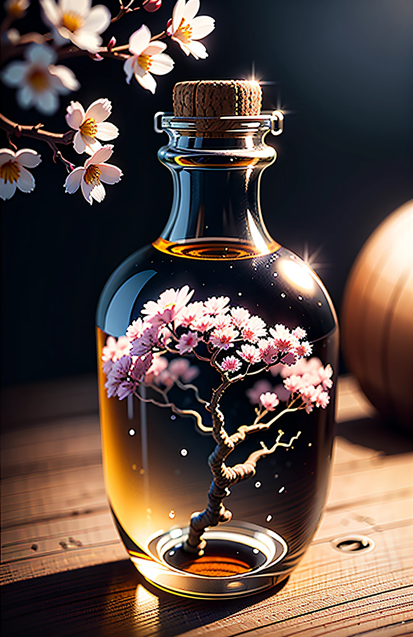 Cherry blossom tree in bottle, high contrast, flowers a lot beyond the bottle mouth, fluffy, realistic, atmospheric light refraction, shot by Lee Jeffries, Nikon d850 film stock photo 4 Kodak Portra 400 camera f1.6 lens, rich colors, ultra-realistic realistic textures, dramatic lighting, unreal engine trending on artstation cinestill 800, Style-Glass