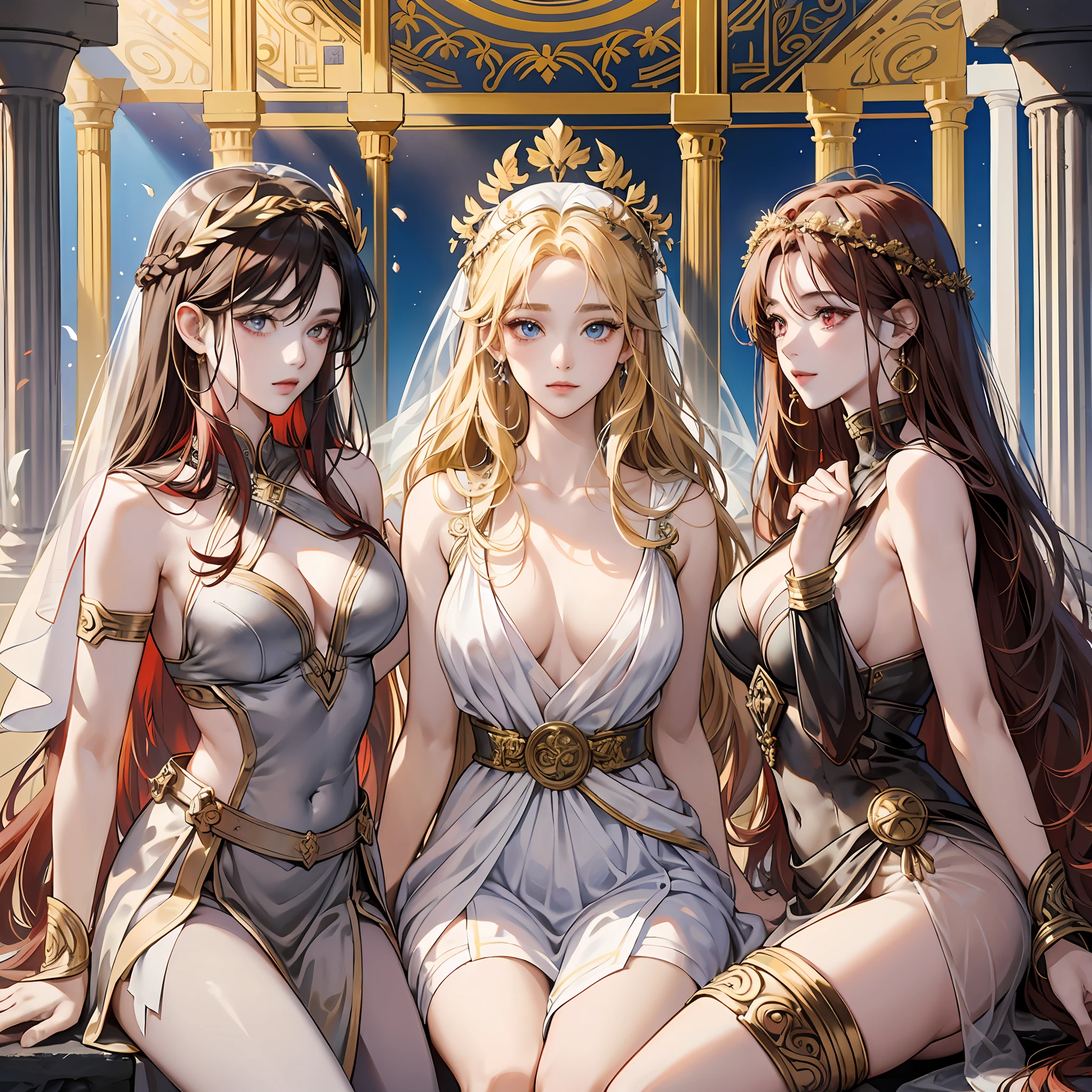 (Three Intimate Goddesses)is chatting happily in an ancient Greek temple、「The first is the goddess of wild nature and hunting、With (((blonde hair)))and(((blue eye)))、With fair skin、Is tall and slender, 、Showing off the perfect pair of long legs、Wearing {(very short:1.7)、(white, :1.5)、Sleeveless Greek chiton}、(Wearing a golden circlet)」、 「The second is the goddess of war and wisdom、With ((dark black hair))and((gray eyes))、With fair skin、Is tall and muscular、Wearing ((Golden Armor)), Putting on a ((Corinthian helmet))」、「The third is the goddess of Hearth and fire、With ((Dark red hair))and((dark red eyes))、With fair skin、Wearing (long、white, 、Sleeveless Greek toga), (Putting on a veil)」、Greek mythology、 Mythological atmosphere、photorealistic、ultra quality、Ultra Detailed、Description of Super Hand、masterpiece, 、8K、HDR --auto --s2