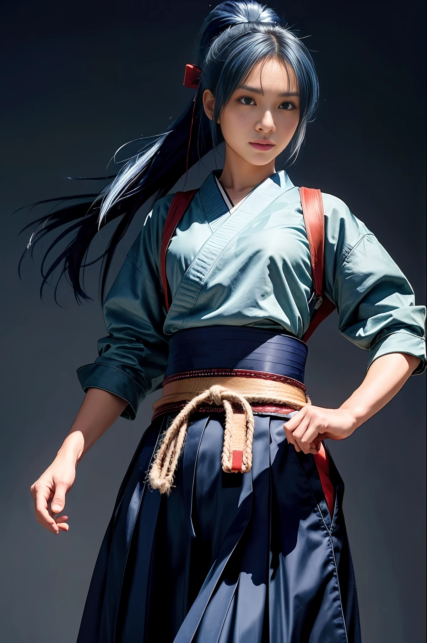 (Masterpiece, Top Quality, Top Quality, Ultra High Definition, Official Art, Beautiful and Aesthetic: 1.2), Cowboy Shot, Professional Artwork, Super Detailed, Complex, Detailed Face, Perfect Lighting, 1 Girl, Solo, Kasumi MS, (Fractal Art: 1.3), Blue Hair, Ponytail, Hakama, Blue Hakama Skirt, 1 Katsu Band, White Japanese Clothes, Katyusha, Barefoot, Toes, Red Belt, Dagi, Sash, Combat stance, foot focus, (50mm), (high accuracy: 1.2), (detailed face: 1.2), detail,_eyes, (gradient), (ambient light: 1.3), (film composition: 1.3), (JC: 1), accent lighting, high definition CG Unity 8k wallpaper, original, high definition, (perfect_anatomy: 1.2), complex and cinematic appearance, Soft light like a movie