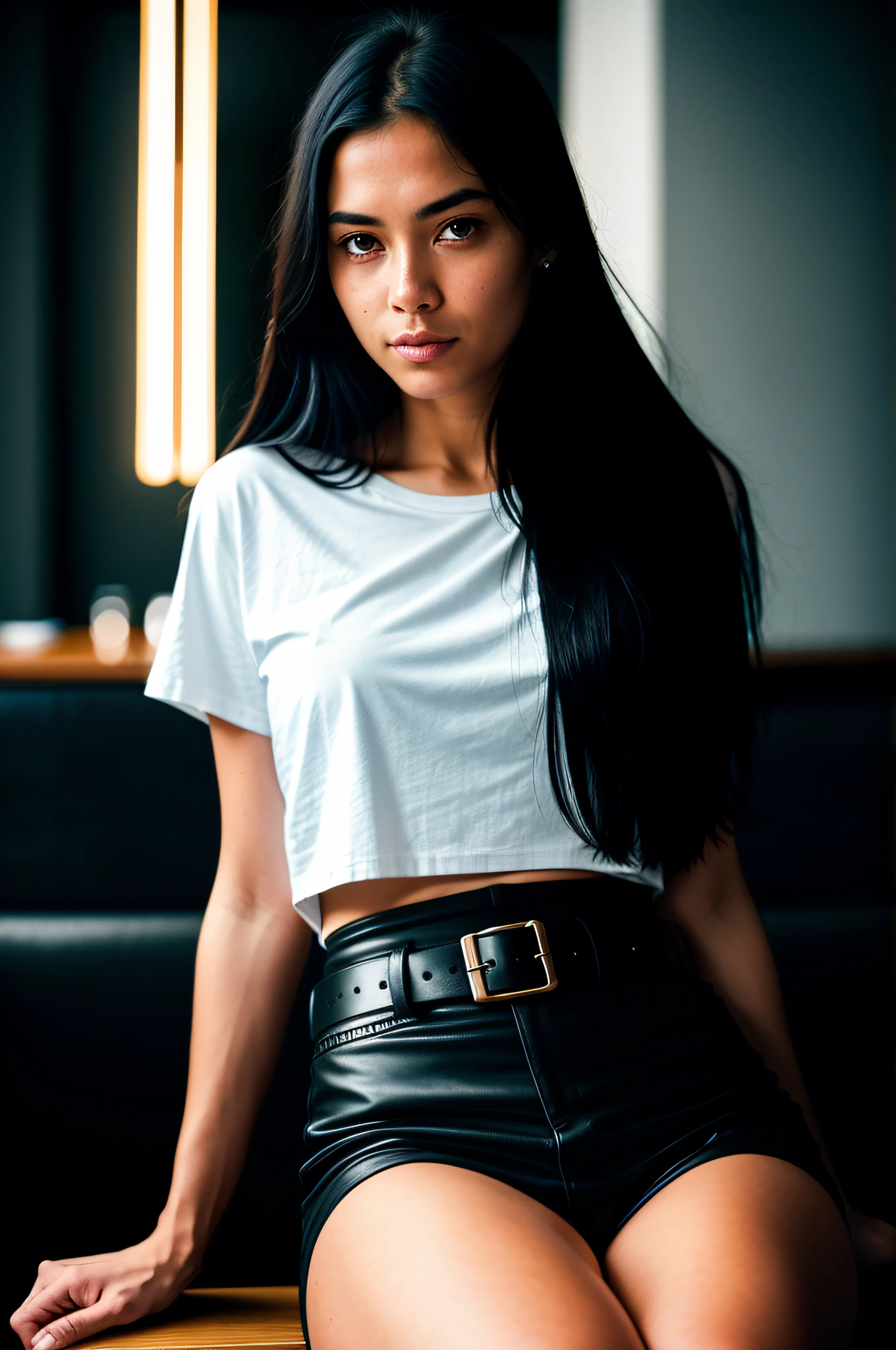 Beautiful woman, long straight black hair, wearing a white t-shirt without print, wearing leather belt, front view (sitting inside a modern restaurant at night), very detailed, 30 years, natural wave hair, blue eyes, high-res, masterpiece, best quality, intricate details, highly detailed, sharp focus, detailed skin, black skin, realistic skin texture, texture, detailed eyes, professional, 4k, Canon shooting, 85mm, shallow depth of field, Kodak color vision, perfect fit body, extremely detailed, photo_\(ultra\), photo realistic, realistic, post-processing, maximum detail, roughness, real life, ultra realistic, photorealism, photography, 8k uhd, photography (grain of film) medium shot for closeup shot atmospheric dark lighting