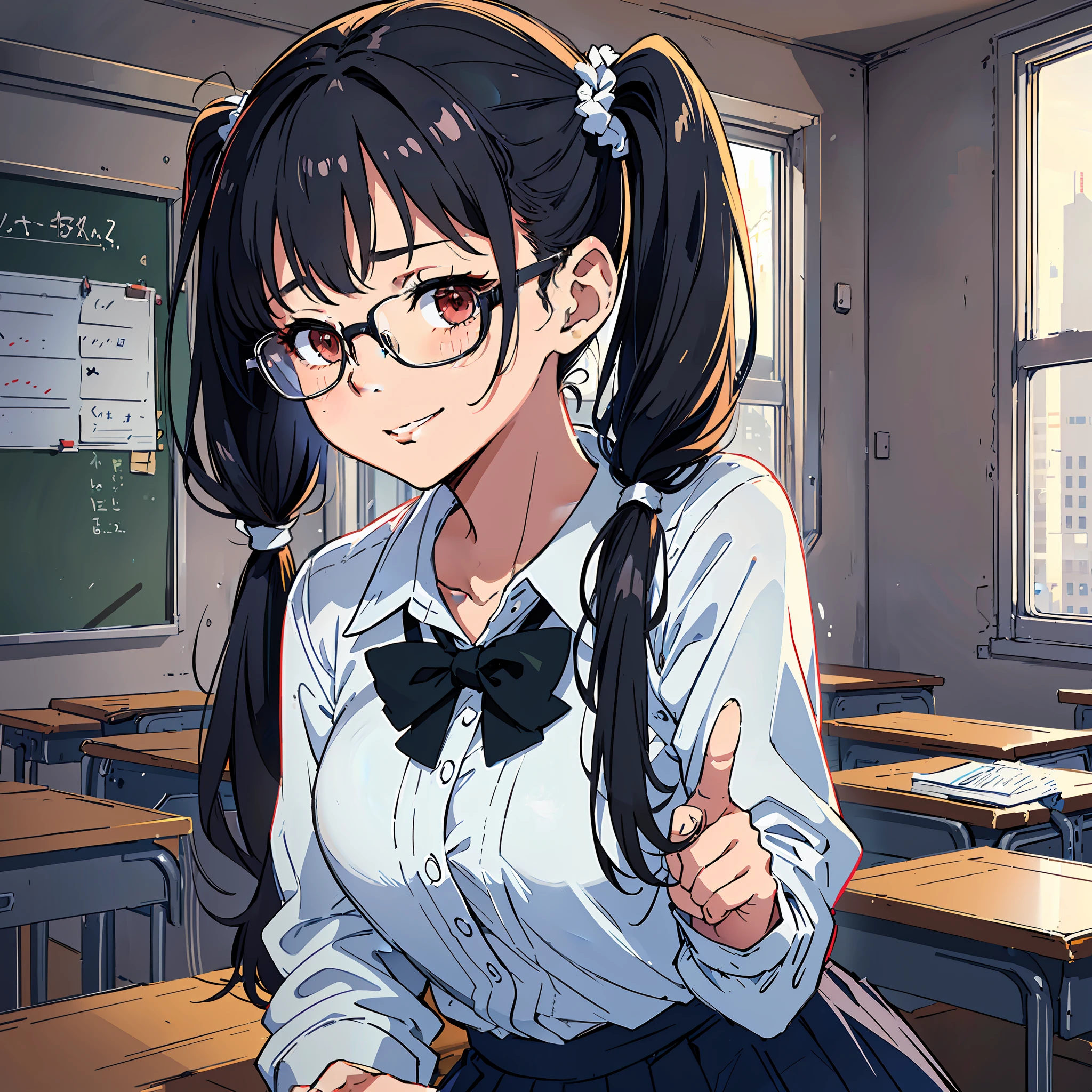 Gloomy, troubled face, (((school uniform)), glasses, cute underwear, 8K, top quality, , smile, looking at the camera, delicate hands, classroom, snappy hair, pigtails, sober, chest-sticking pose, neat, troubled girl, 16 years oldform, big breasts, black hair pigtails, patsun, black hair, brooding, glasses, rolling up skirt to show off crotch, chubby
