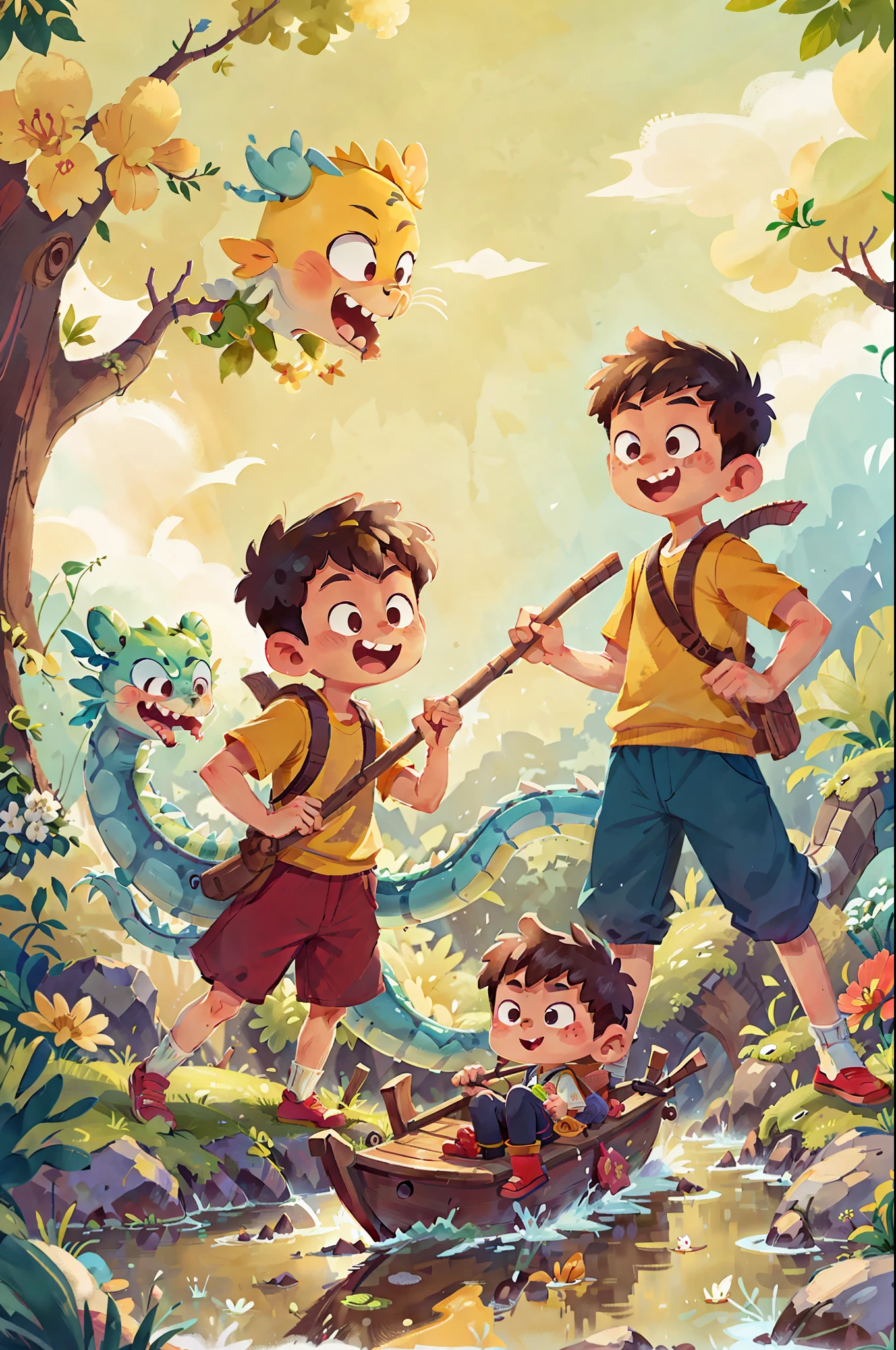 Poster design, (SFW), two rowing boys, Chinese dragon, spring outing, happy, background is a small river interspersed in Chinese street, perfect quality, clear focus, colorful, perfect face, intricate details, ultra-low viewing angle, wide angle lens