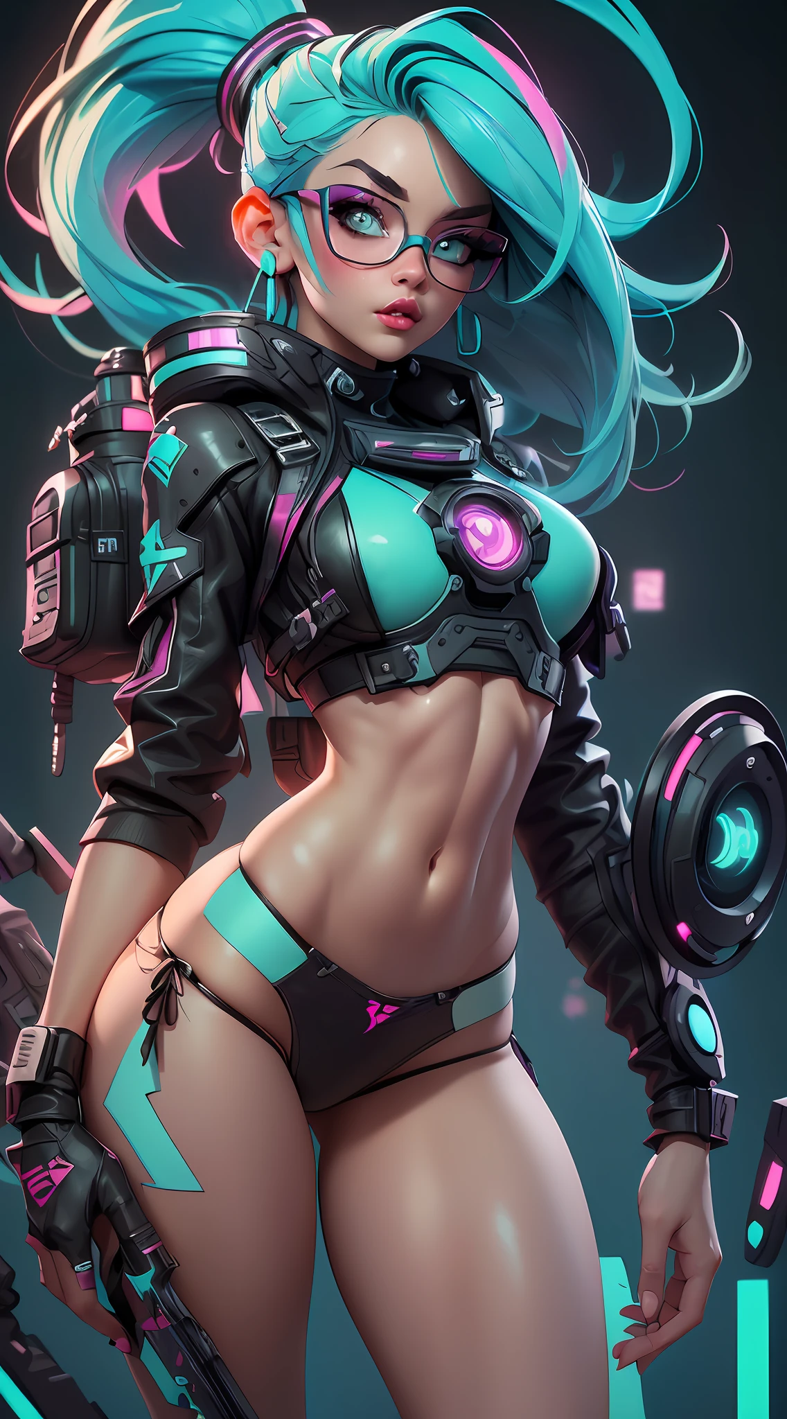 ((Best Quality)), ((Masterpiece)), ((Realistic)) and ultra-detailed photography of a 1nerdy girl with goth and neon colors. She has ((turquoise hair)), wears a (tech-wear top) and a (small skimpy black g string thong) , ((beautiful and aesthetic)), muscular abs, sexy, under-boobs, hot (by Thomas Benjamin Kennington), ( by Pixelsketcher), (by Bayard Wu)