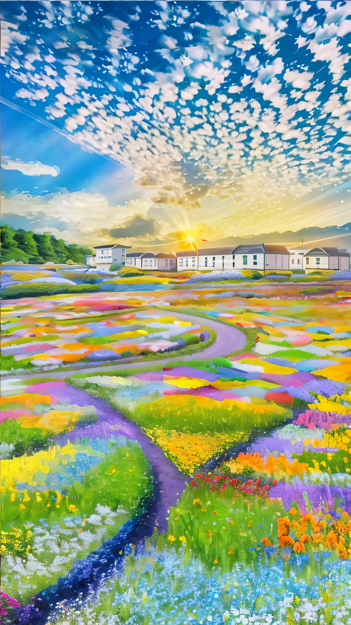 A flower field painting with a building as the background, fantasy flower field, flower field, flower field, flower field, flower field with flower field as foreground, color field painting. 8k, flower field, flower field background, 3 D virtual landscape painting, flower field, colorful landscape painting, UHD, (((super detail 1.5))), high details, best quality, 16k