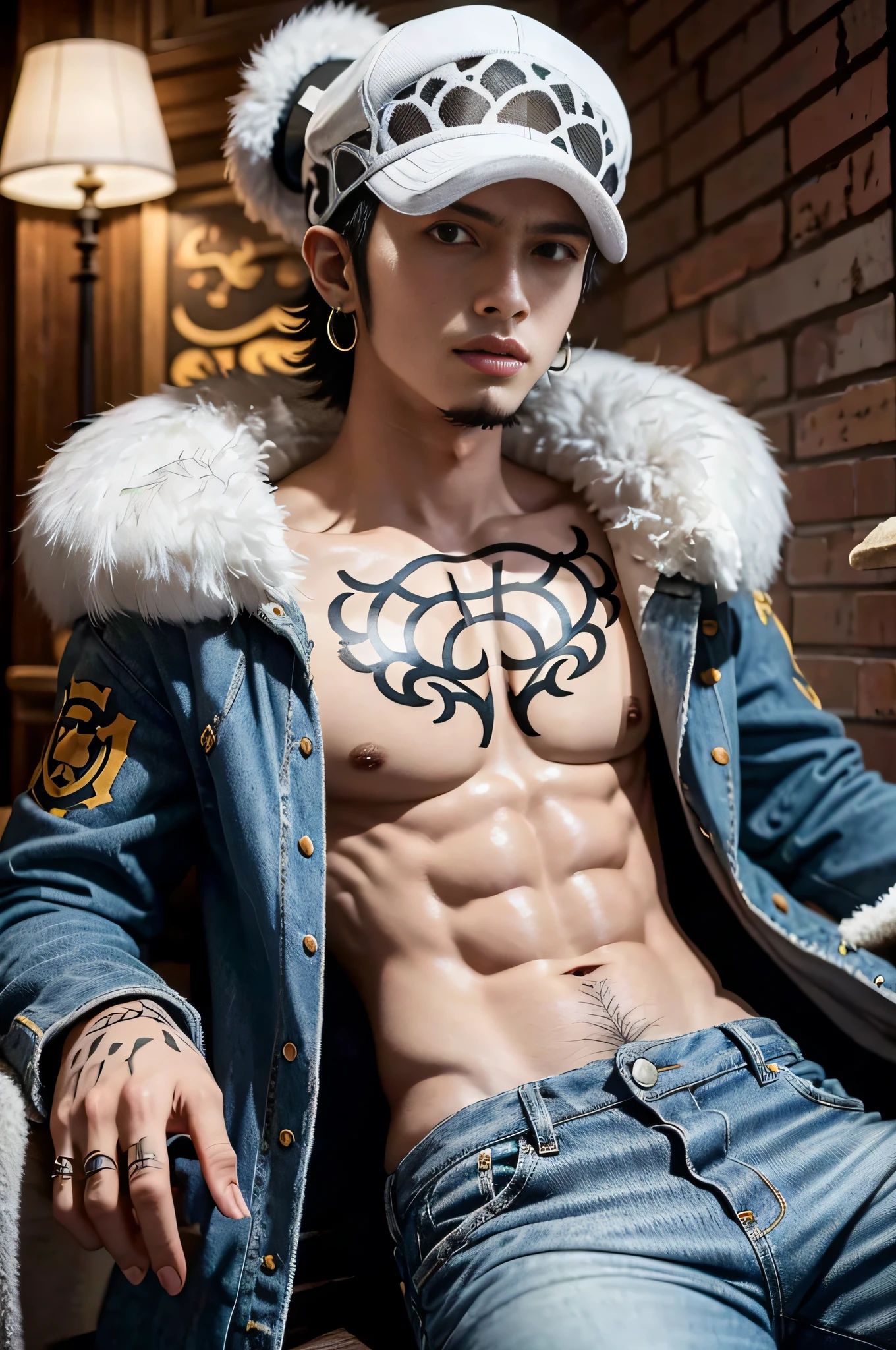 masterpiece, best quality, 8k, highestres, absurdres, extremely detailed, trafalgar law, 1boy, 1sword, solo, looking at viewer, short hair, medium built, hat, navel, earrings, midriff, pants, coat, fur trim, denim, jeans, shoulder tattoo, hand tattoo, finger tattoo, black fur-trimmed coat, coat on shoulders, tank top,///,