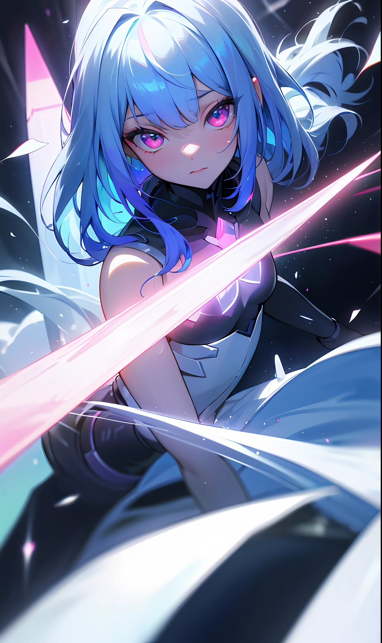 (Fine, clear images, super resolution, extremely amazing detail, awesome detail), subsurface scattering, masterpiece, best quality, high quality, 1girl, solo, upper body, prism eyes, prism hair, prism, serious, [silver|white] + (blue: -0.3) hair, blue + red eyes, gradient eyes, multicolored eyes, calm, small breasts, suit, glowing eyes, glowing eyes, glowing white particles, glitter, blooming, fantasy, cave,