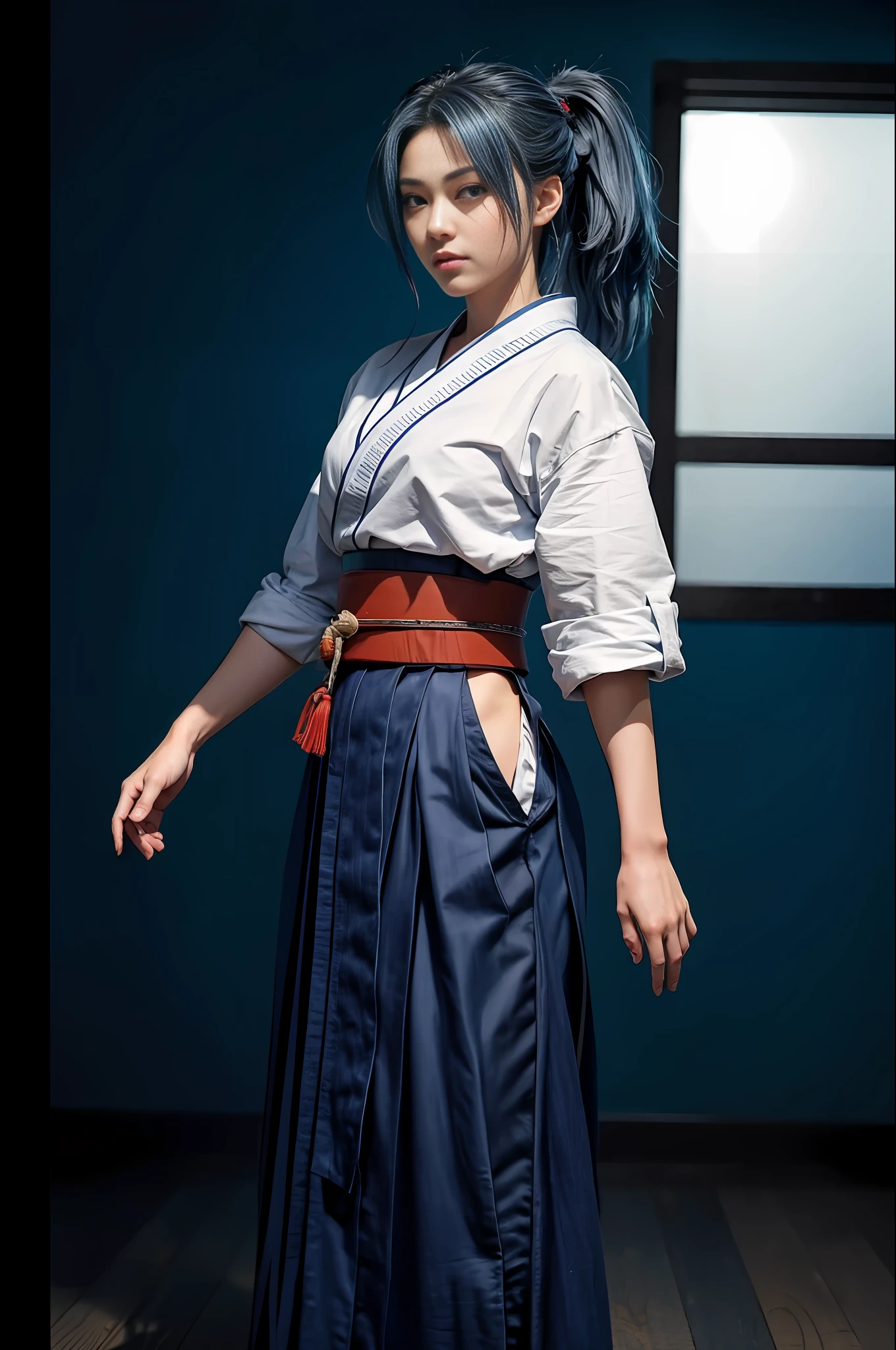 (Masterpiece, Top Quality, Top Quality, Ultra High Definition, Official Art, Beautiful and Aesthetic: 1.2), Cowboy Shot, Professional Artwork, Super Detailed, Complex, Detailed Face, Perfect Lighting, 1 Girl, Solo, Kasumi MS, (Fractal Art: 1.3), Blue Hair, Ponytail, Hakama, Blue Hakama Skirt, 1 Katsu Band, White Japanese Clothes, Katyusha, Barefoot, Toes, Red Belt, Dagi, Sash, Thighs, foot focus, visible from Hakama, (50mm), (High accuracy: 1.2), (Detailed face: 1.2), Detail,_Eyes, (Gradient), (Ambient light: 1.3), (Film composition: 1.3), (JC: 1), Accent lighting, High definition CG Unity 8k wallpaper, Original, HDTV, (perfect_anatomy: 1.2), complex and cinematic appearance, Soft light like a movie