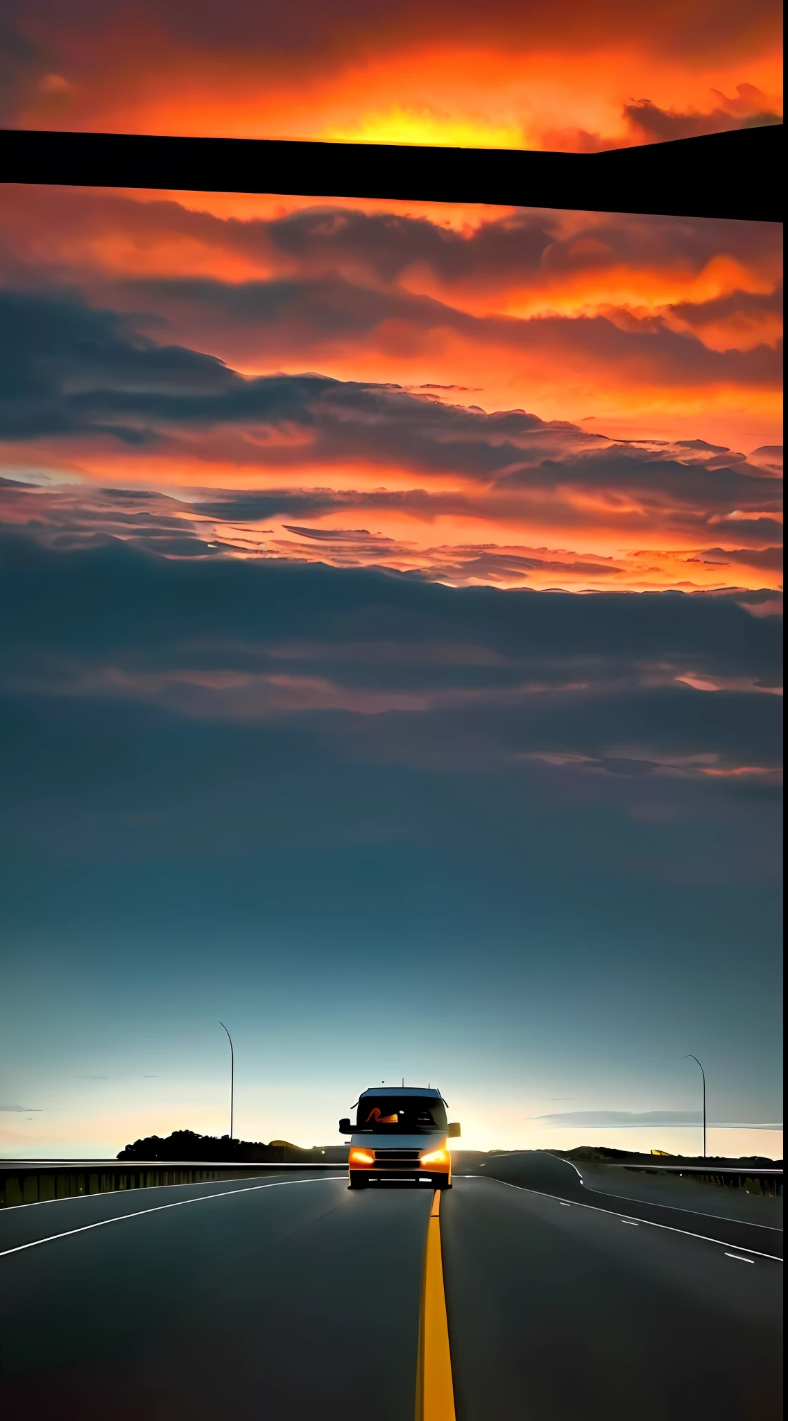 Lonely, lonely on the highway. The sky is orange-red sunset, the clouds are beautiful and romantic, and there is a little dark purple in the sky. The whole picture gives a strong sense of loneliness, melancholy and romance. Please use the best image quality and detail, high quality, UHD, 16k, highres