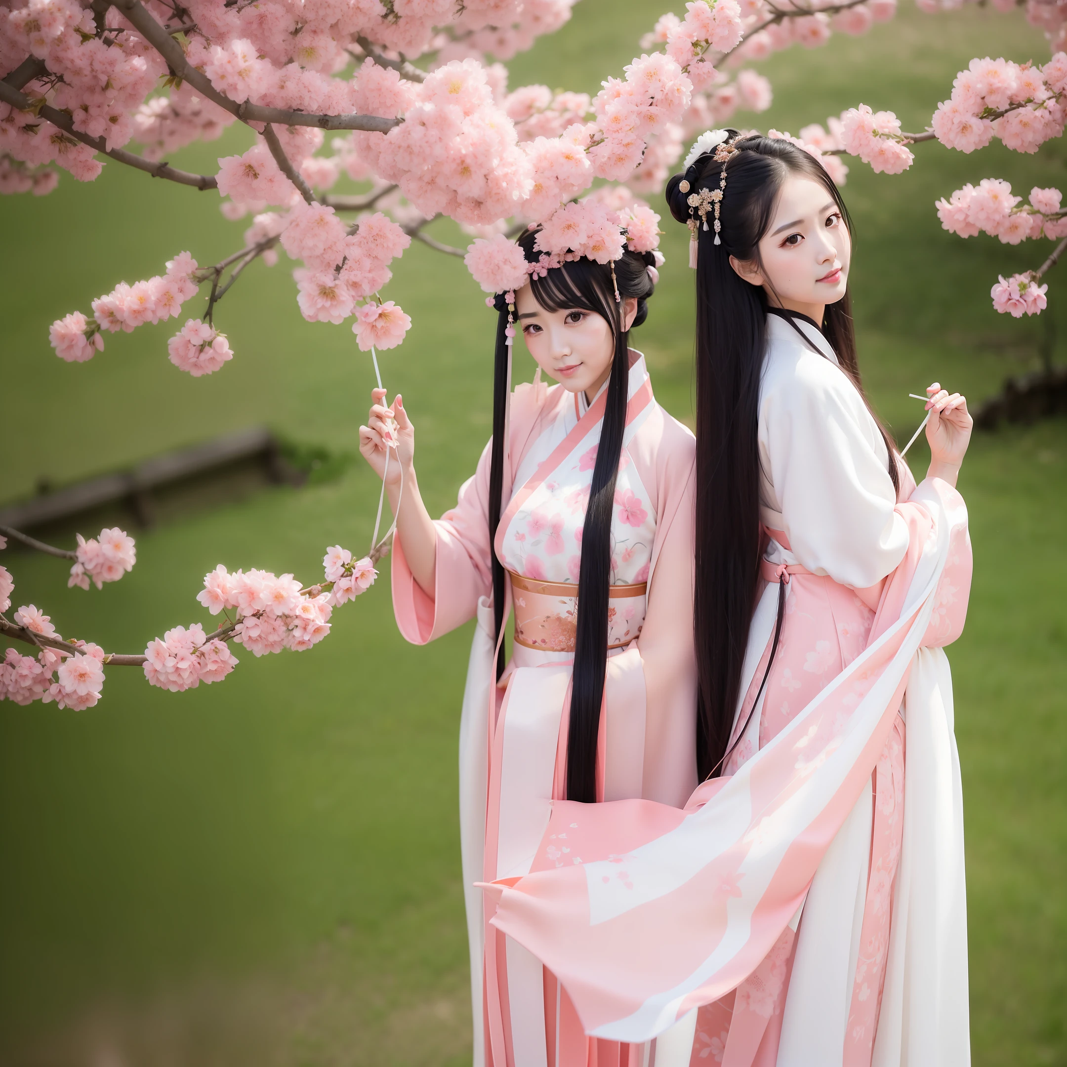 Pink Hanfu, peach blossom eyes, willow leaf eyebrows, slim lady, affectionate, oil paper umbrella, peach tree blossom, tall, long legs, fair complexion, long black hair, hairpin, tassel, ancient style, national style