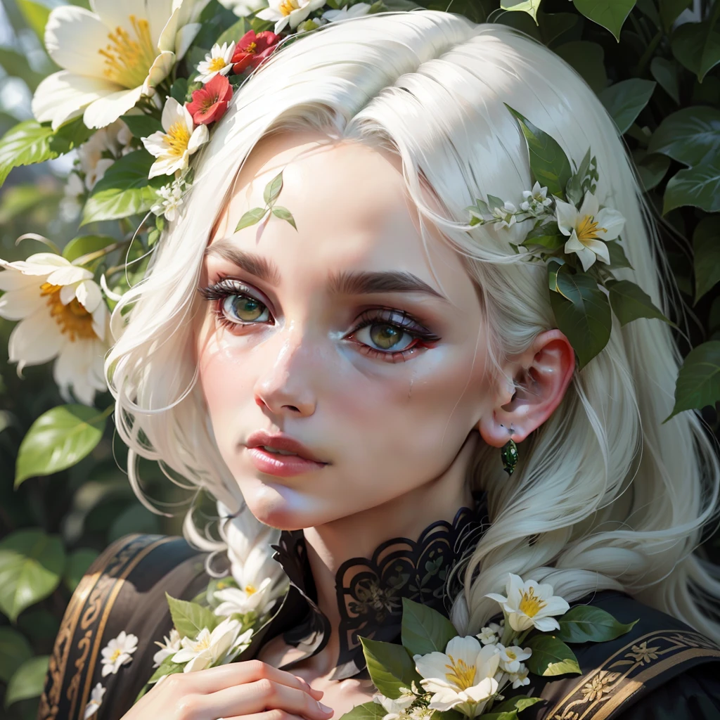 mother nature, beautiful and exotic, facial details, hands up, black eyes, wreath of leaves and flowers, green clothes, white hair, blurred nature background, naturalistic details, mega-realistic, UHD, vivid realism, vivid nature, 1080p , 32k, ultra mega realistic --auto --s2