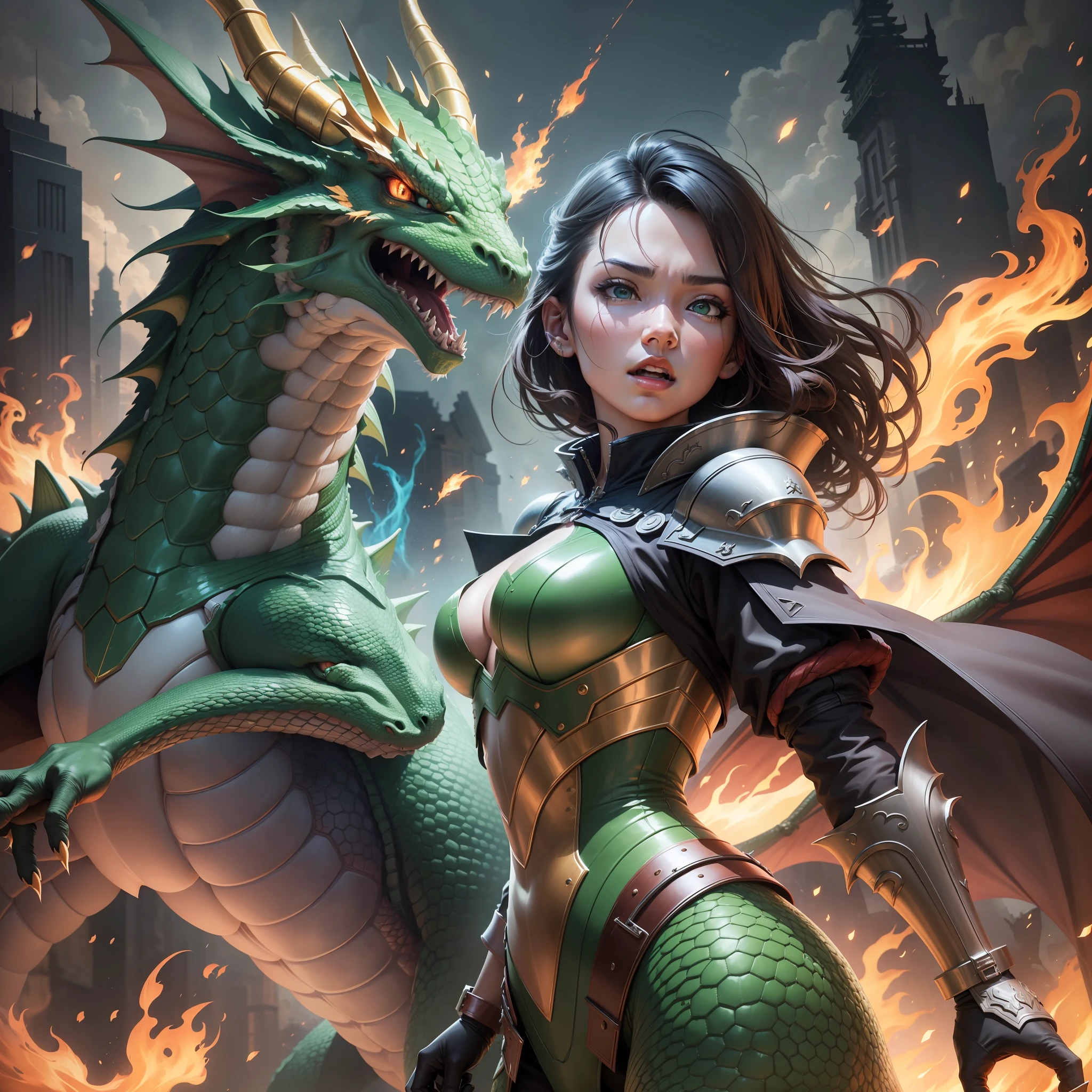 Close-up of a person girl standing in front of a dragon in a battle suit, huge green dragon!!!, dragon girl, dragon in the background, epic dragon, dragon in the background, dragon in the background, huge dragon as background, red dragon, I just saw a huge dragon, Chinese dragon concept art, dragon girl portrait, battle with dragon, high detail official artwork, no text, panorama, low angle, impactful image, three-dimensional, dynamic expression, speed, exaggerated shock, cinematic multi-angle lighting, vivid, Vibrant, 16K, detailed, realistic, with fire source, (character design sheet, same character, front, side, back)