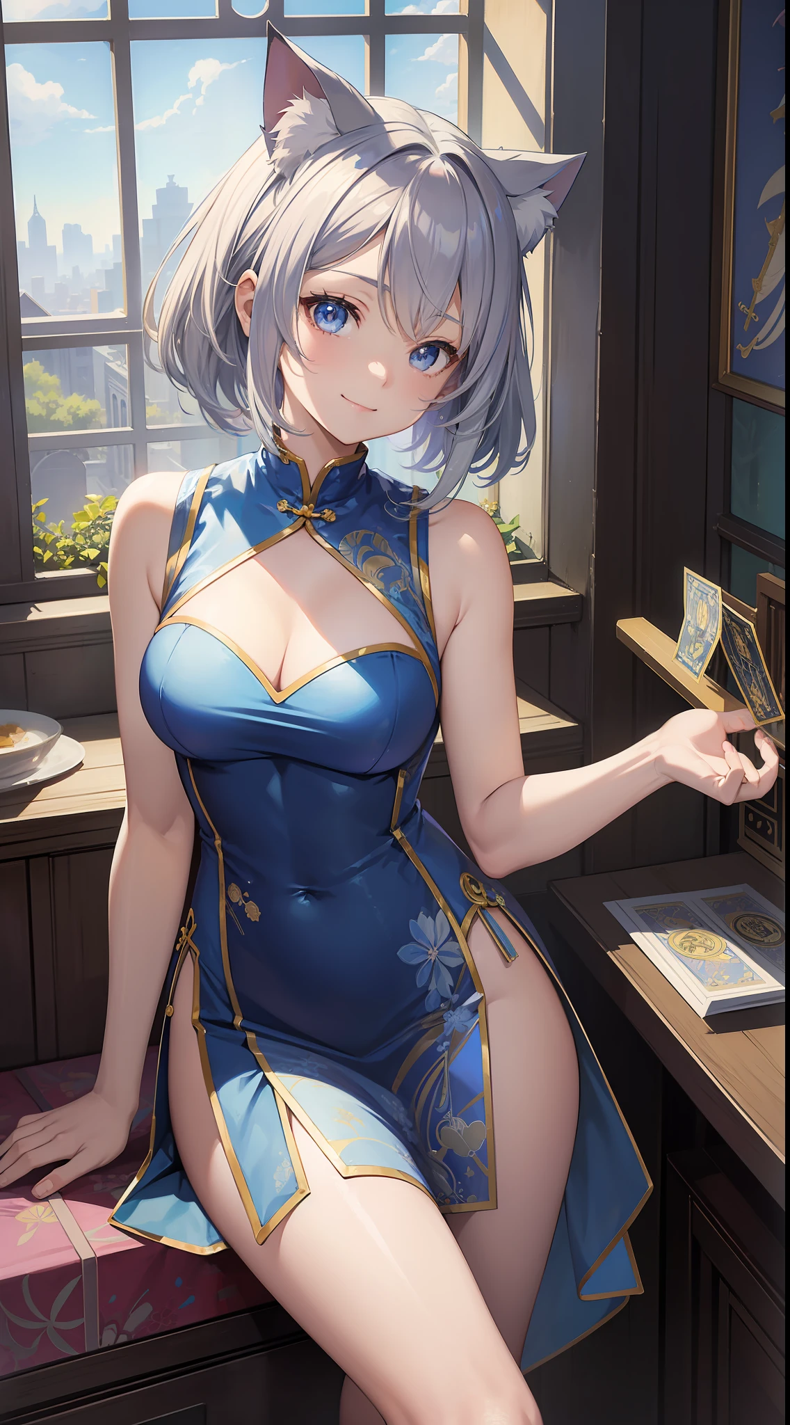 (Masterpiece), (Top Quality Anime Illustration), (Super Definition), One Girl, Solo, Silver-haired Beautiful Girl, Anime Loli, Cat Ear Loli, Light Blue See-Through Cheongsam Dress, Short Cheongsam, Sleeveless, Smile, Cleavage Emphasis, Lower Breast Emphasis, Thighs, Tarot Card Wind