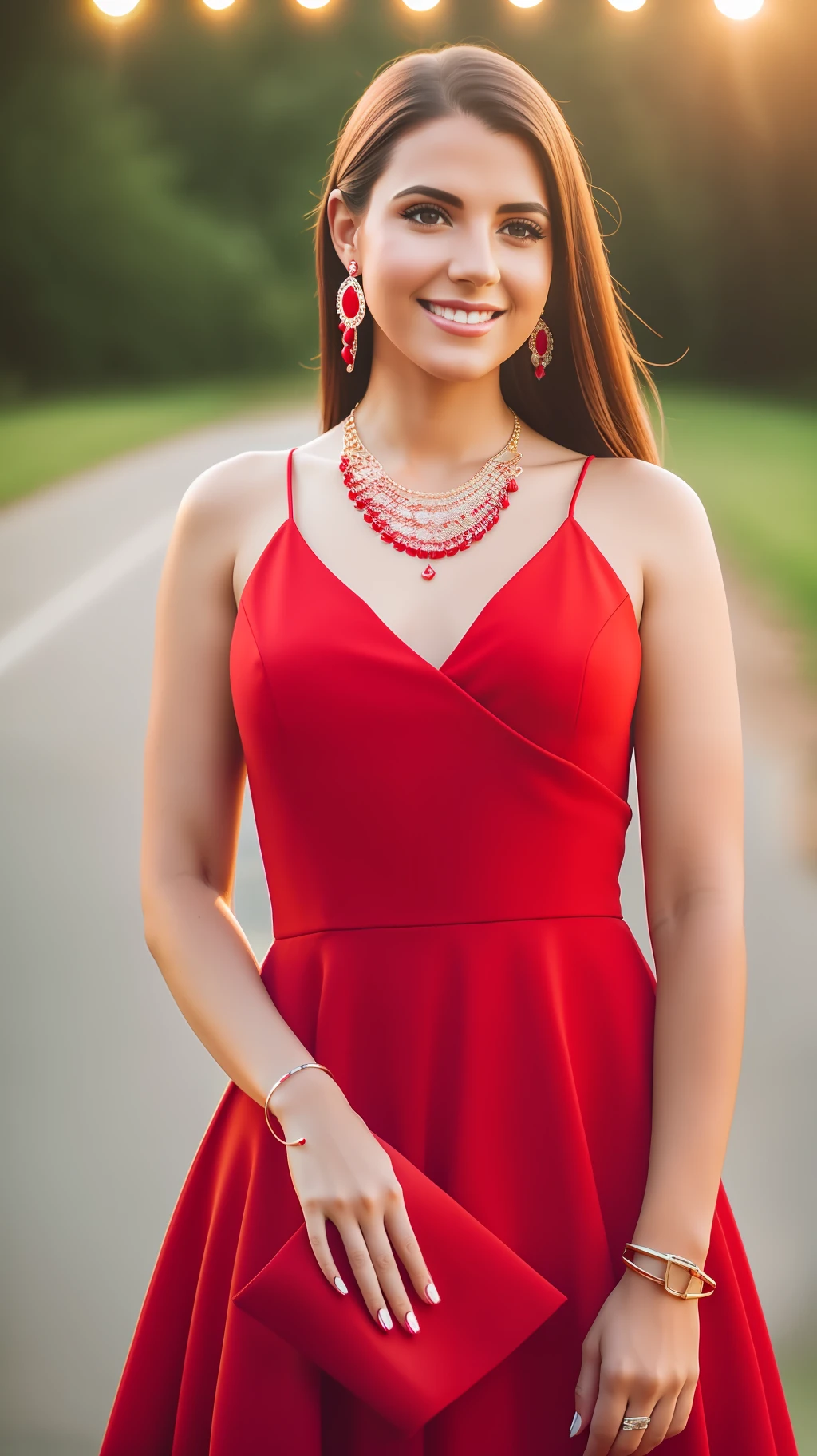 8k, RAW photography, portrait, top quality, ultra high definition, photorealistic, single girl, full body, red dress, earrings, necklace, car, smile, eyelashes, movie lighting, depth of field, lens flare, --auto --s2