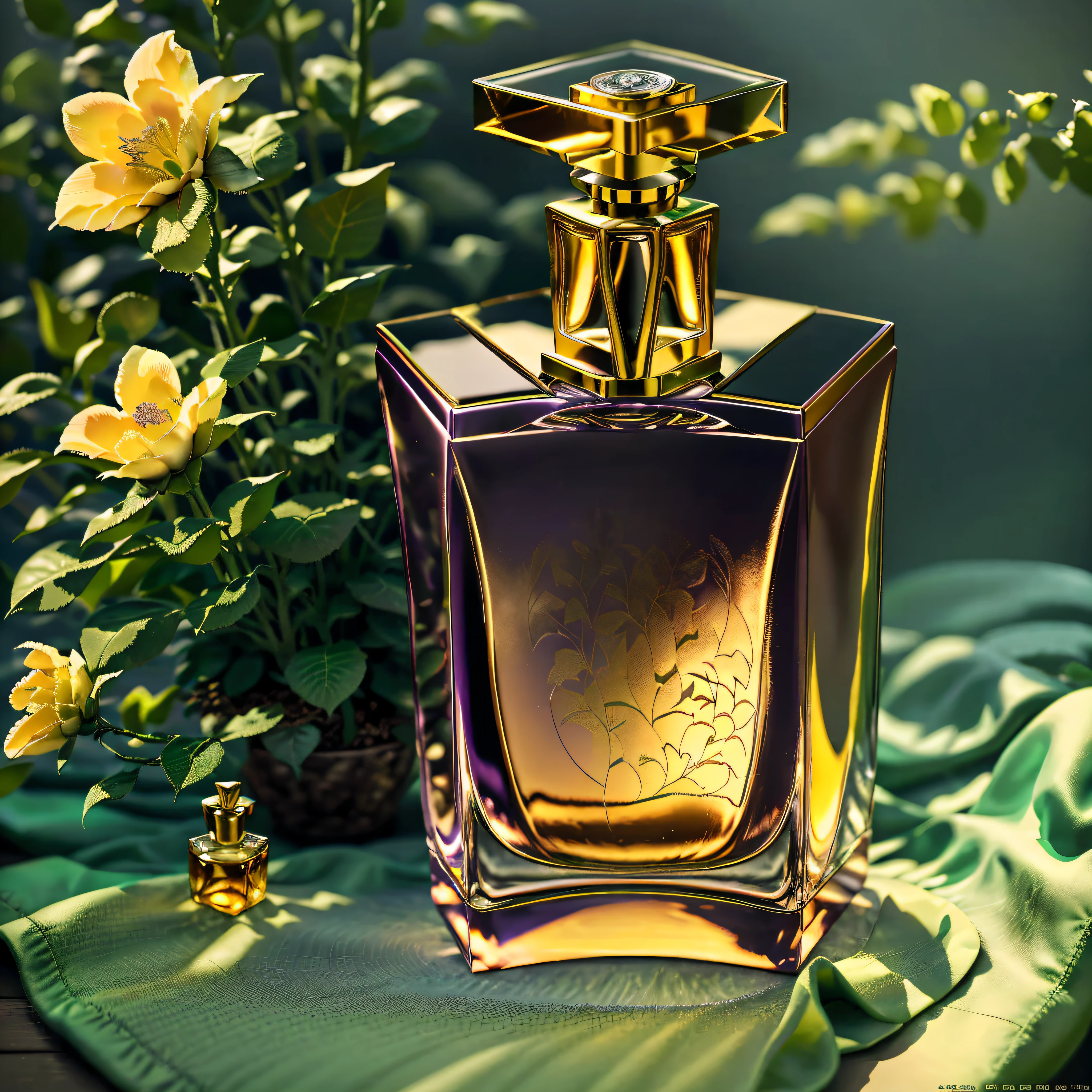 Close-up of a bottle of perfume, high-end, generating a nice purple background atmosphere, delicate forest background, OC rendering, light and shadow, Product photography of a perfume bottle arranged with plants and flowers, realistic, light background, realistic rendering --v 6