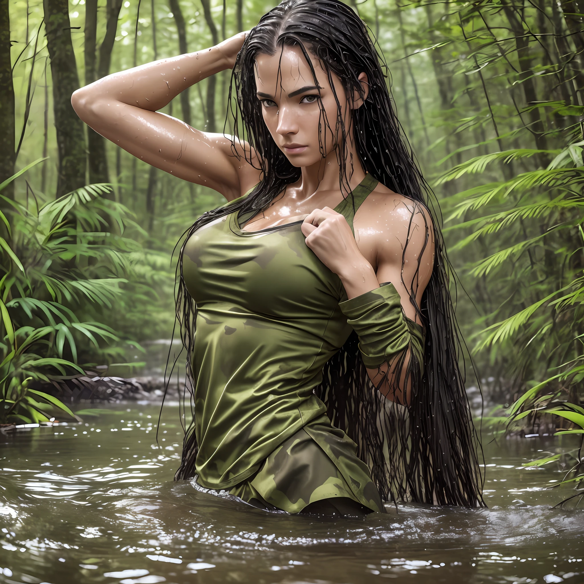 Masterpiece, hdr, high definition, 8k, professional camera, nikon camera, cinema grain, details, dramatic composition, professional light, cinematics, cinema camera, 1 woman, looking at camera, walking in water, half body, immersed in swamp, photo-realistic skin, detailed texture, natural skin texture, brozeated skin, muscles, fitness, defined abdomen, abdomen to show, fixed look, long hair, black hair, camouflage top, large breasts trimmed, tight top clothing, sior, wet, light on your body, detailed eyes, natural skin texture, realism, photorealistic nature, swamp, dense vegetation, perfect lighting, --auto --s2