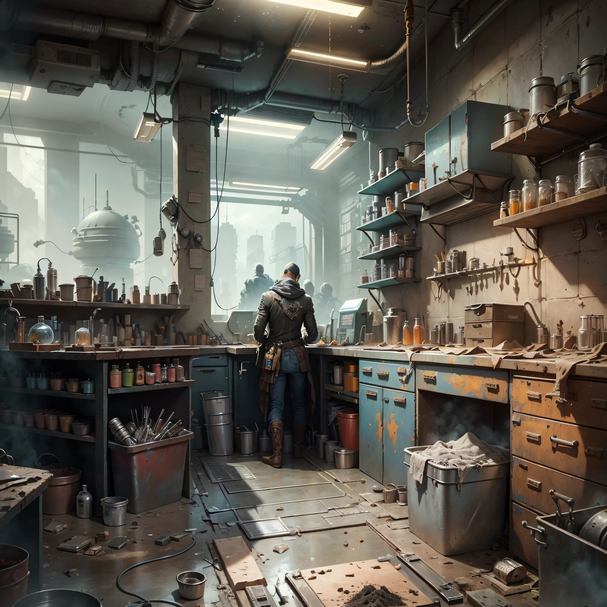 science fiction lab, apocalyptic powder, crooked top angle, too much metal, full of metal, full of dirt, bad lighting, scientists with cold clothes working, ultrarealistic style, horror, scary, dark --auto --s2