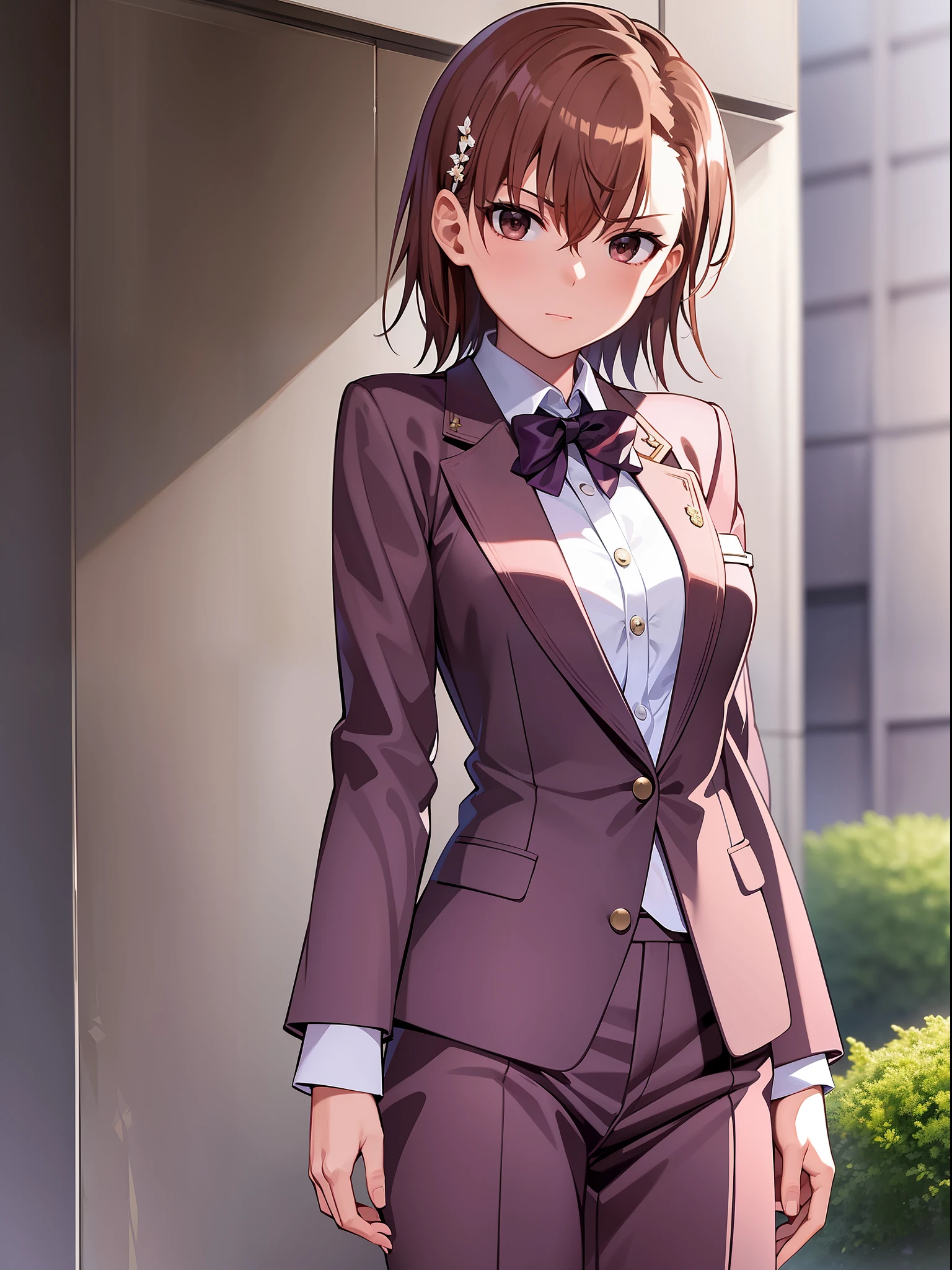 Misaka Mikoto, with elegant suit, nice environment, super detailed, high quality