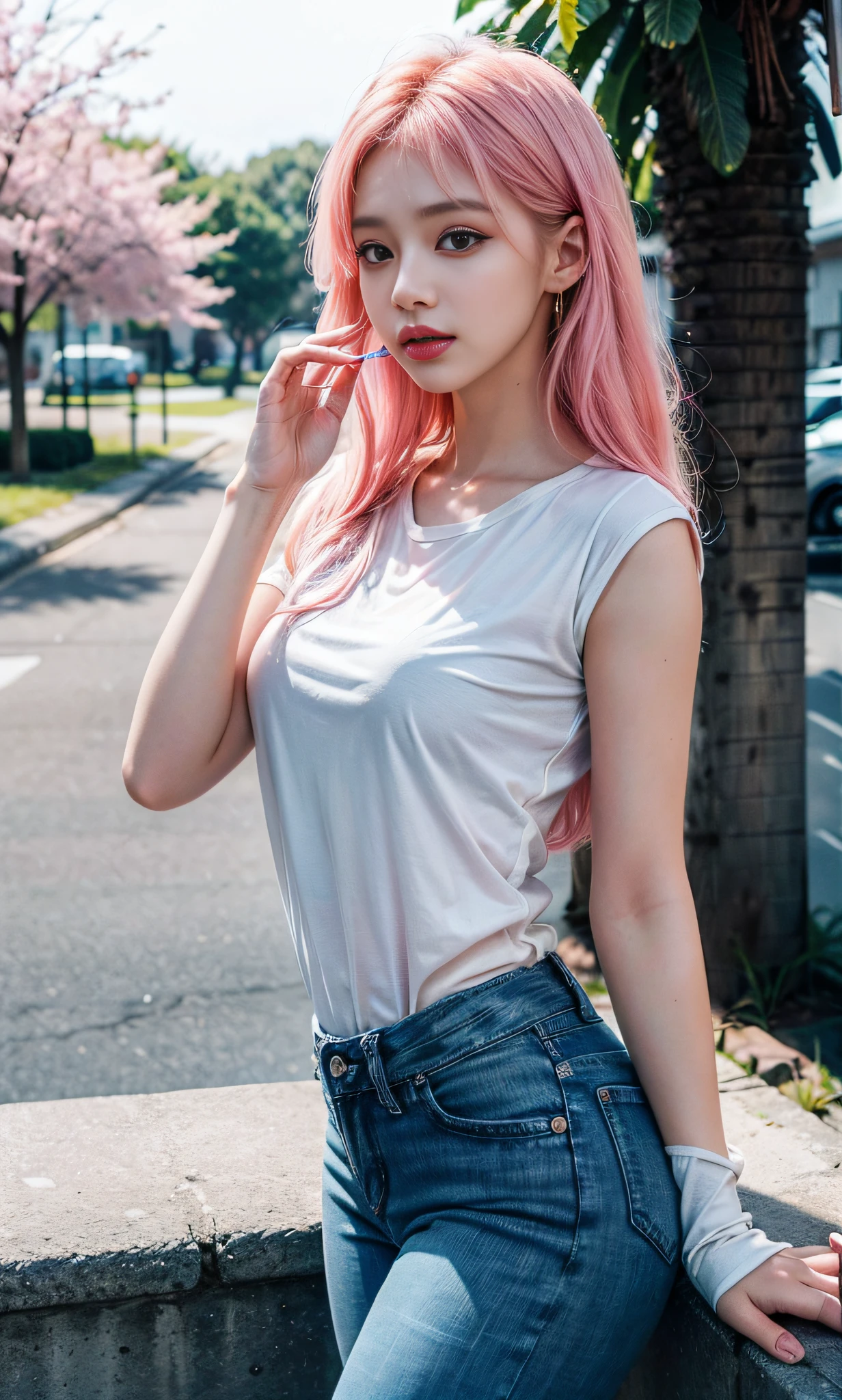 (8k, RAW photo, photorealistic:1.25) ,( lip gloss, eyelashes, glossy side, shiny skin, best quality, ultra high resolution, depth of field, chromatic aberration, caustics, wide light, natural shadow, Kpop idol) Watch the viewer with serenity and goddess-like happiness, jeans, pink shirt, blue sky on the background