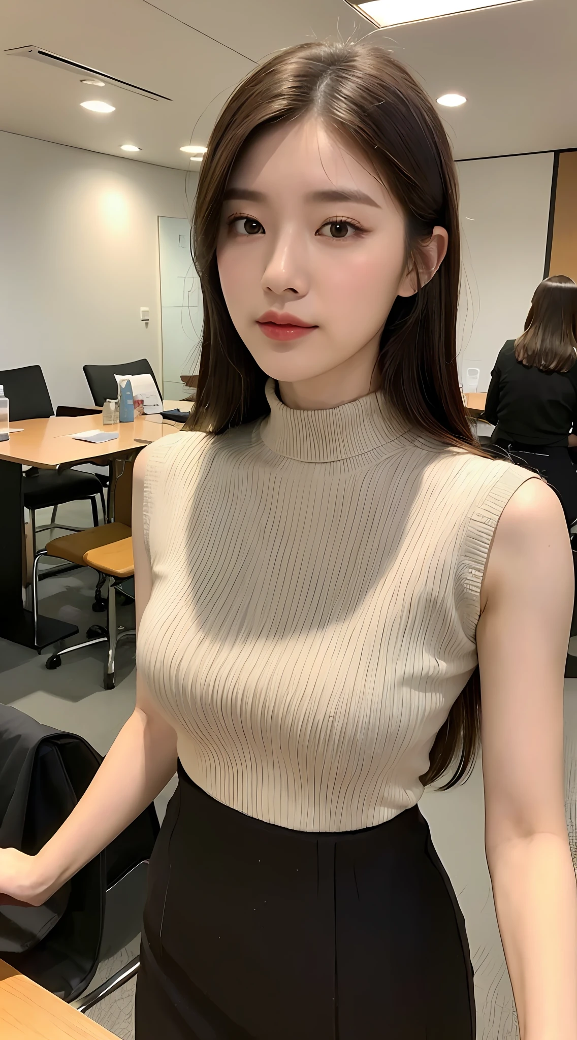 ((top quality, 8k, masterpiece: 1.3)), beautiful woman with perfect figure: 1.4, slender abs: 1.3, (((dark brown hair, big: 1.2)), very detailed face and skin texture, detailed eyes, double eyelids, sleeveless knit of turtleneck, tight skirt, work clothes, chest shape is emphasized, during business negotiations, during meetings, holding a coffee tumbler in your right hand, Hanging an ID card from your neck