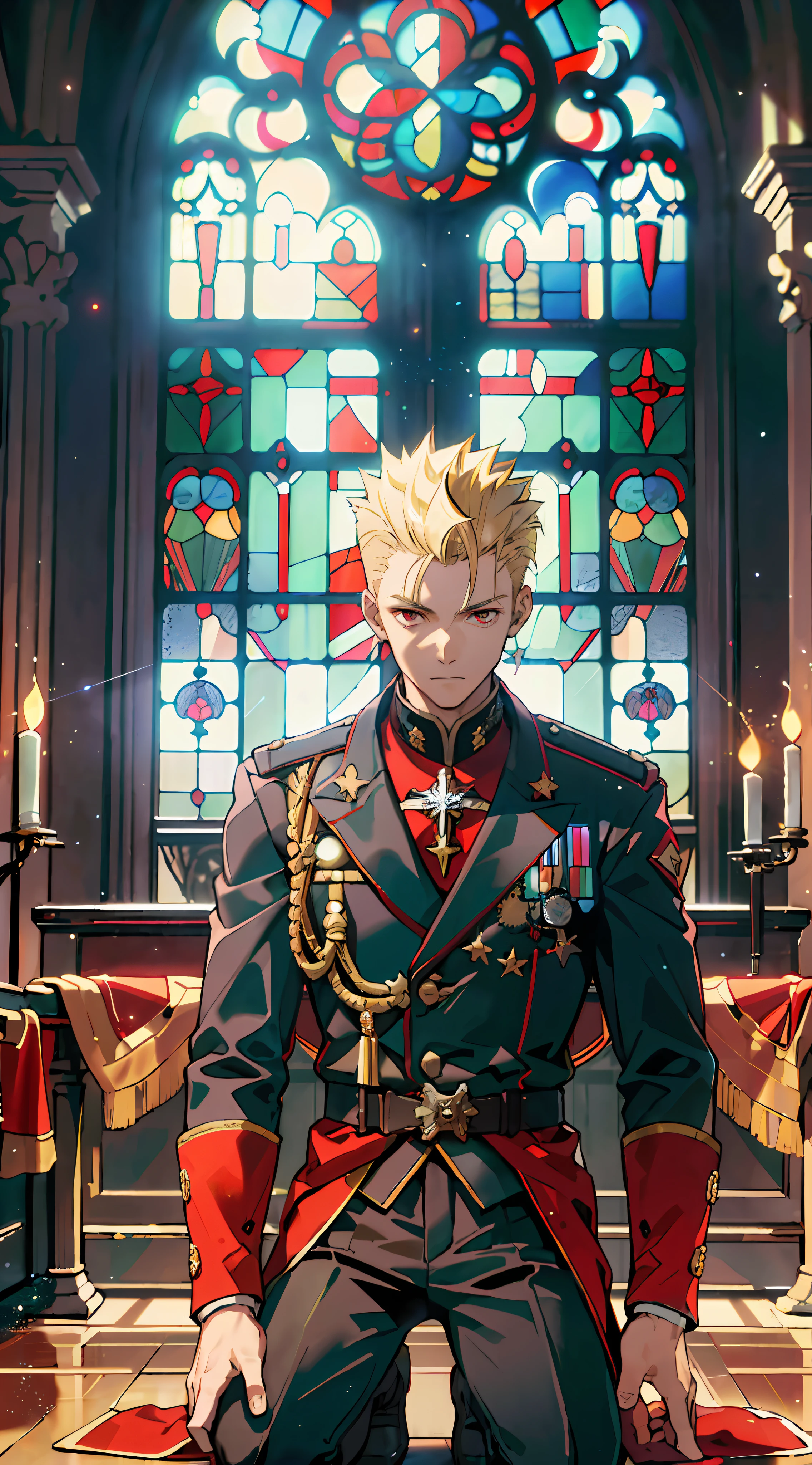 ((Masterpiece: 1.4, Best Quality)), (Short Blonde), (Spiked Hair), Red Eyes, Military Uniform, (Church: 1.2), (Stained Glass: 1.3), One Young Man, Handsome, Pillar, Sky Cover, (Light particles), (Moonlight shining through the window), Dark atmosphere, kneeling