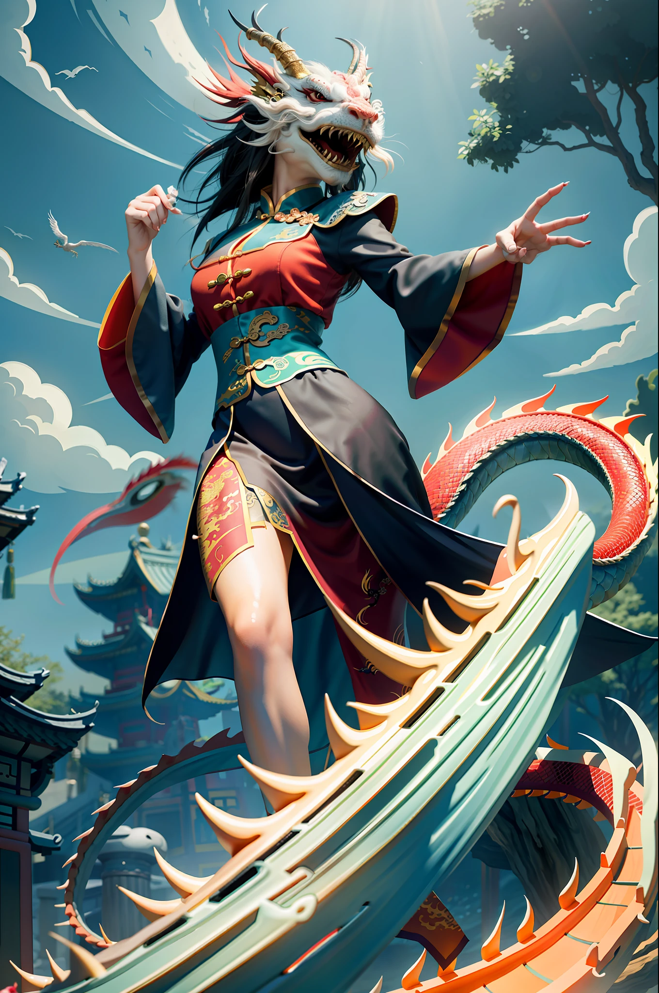 masterpiece, best quality, making friends with the Chinese dragon, fun, happy, bright, loong,