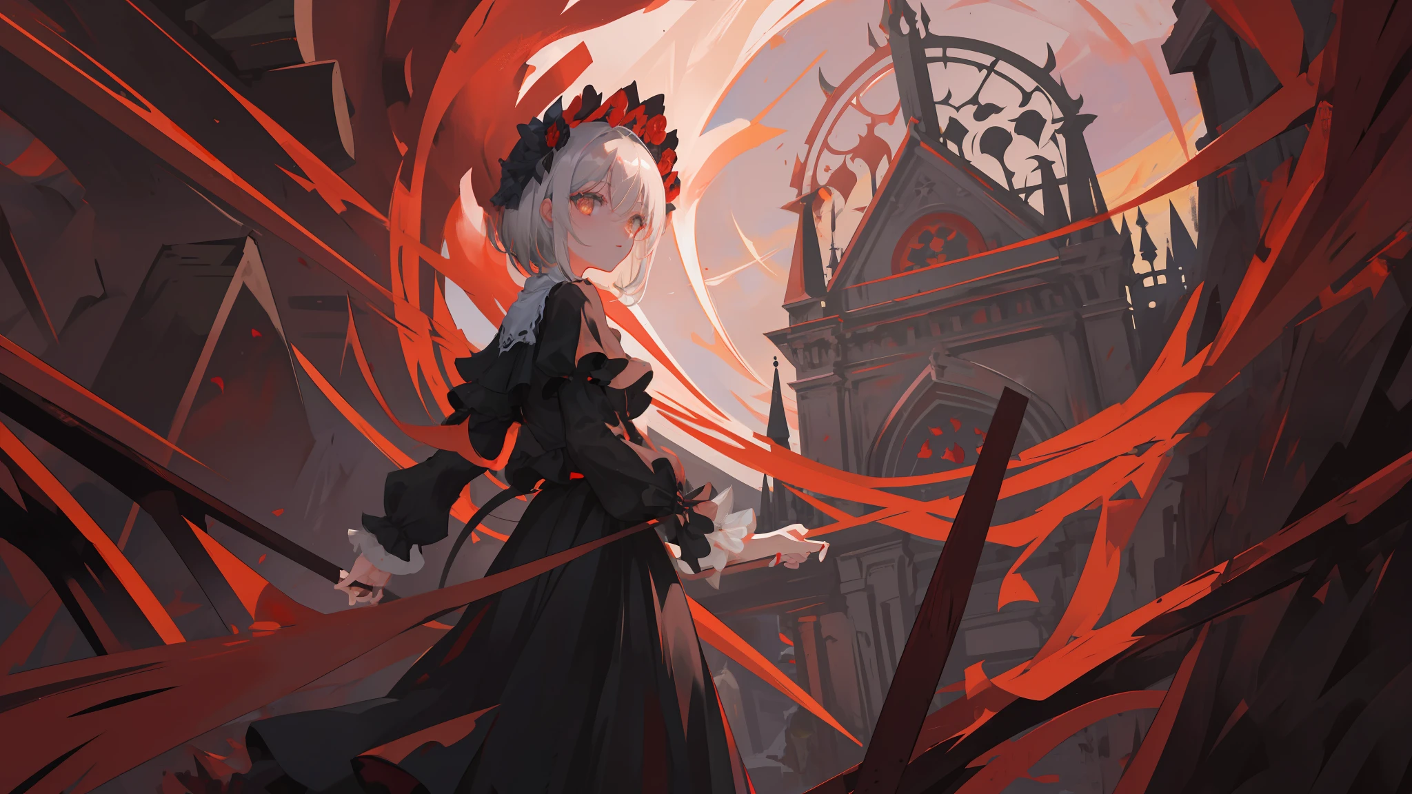 super fine illustration, best quality, highly detailed beautiful face and eyes, look down upon viewer, insanely detailed, a girl, solo, ash gray hair, medium-length bob hair, amber eyes, grabbing black scythe, gothic victorian white dress, there are many red rose petals in background, scattering blood, dark background, ball jointed doll, gothic, dark, dark background, red moon in the night sky, red castle in the background, red tone