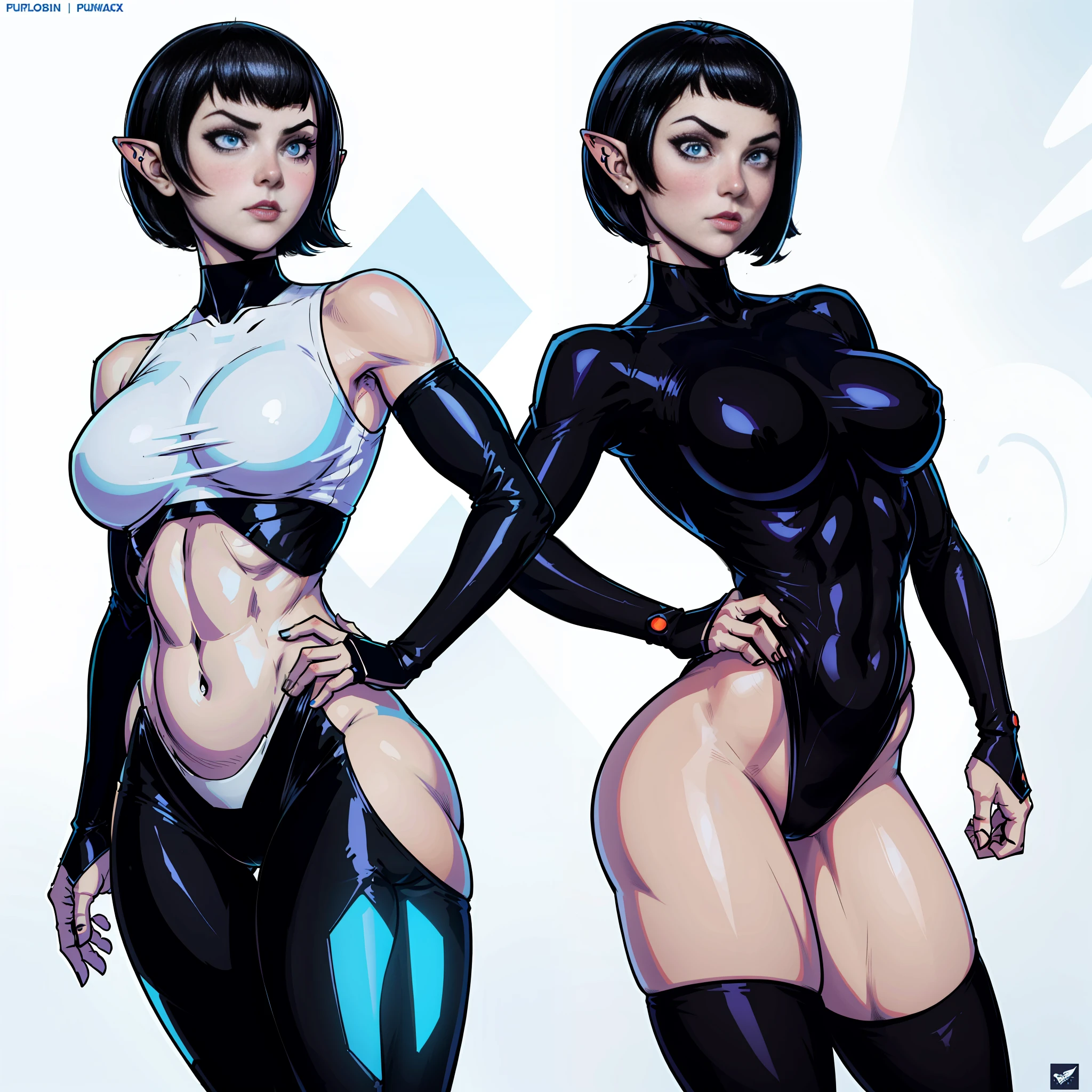 magazine cover, concept pose,front pose, side pose, back pose, (best quality, masterpiece) a cute chibi girl in black outfit with blue details, pale skin, black hair, bright blue eyes, short bob haircut, vampire, pointed ears, muscular!, fit body, cyberpunk, a lot of blue details, illustration, hard look, dramatic light, Yusuke Murata style, Ilya Kuvshinov, cute face, sweaty body, perfect body, fit body, abdomen, big breasts, chubby butt, prancing ass, plump butt,