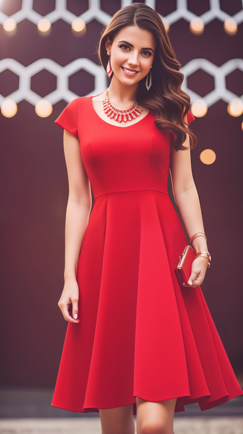 8k, RAW photography, portrait, top quality, ultra high definition, photorealistic, single girl, full body, red dress, earrings, necklace, car, smile, eyelashes, movie lighting, depth of field, lens flare, --auto --s2