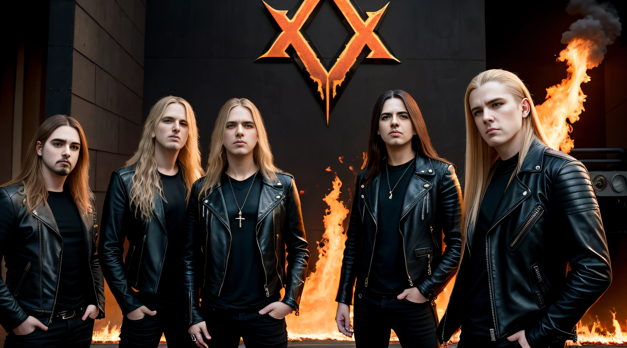 a group of young boys, in leather jacket and black clothing, with long blonde hair, close up, standing in front of a wall, dream theater, new wave british heavy metal, doom metal, heavy rock band promo photo, heavy metal band promo, sotn, sf, u. h. d, infernal, dramatic art,  remastering, pentagram, apocalypse and fire, ready printing, slayer, a bald head, promotional image