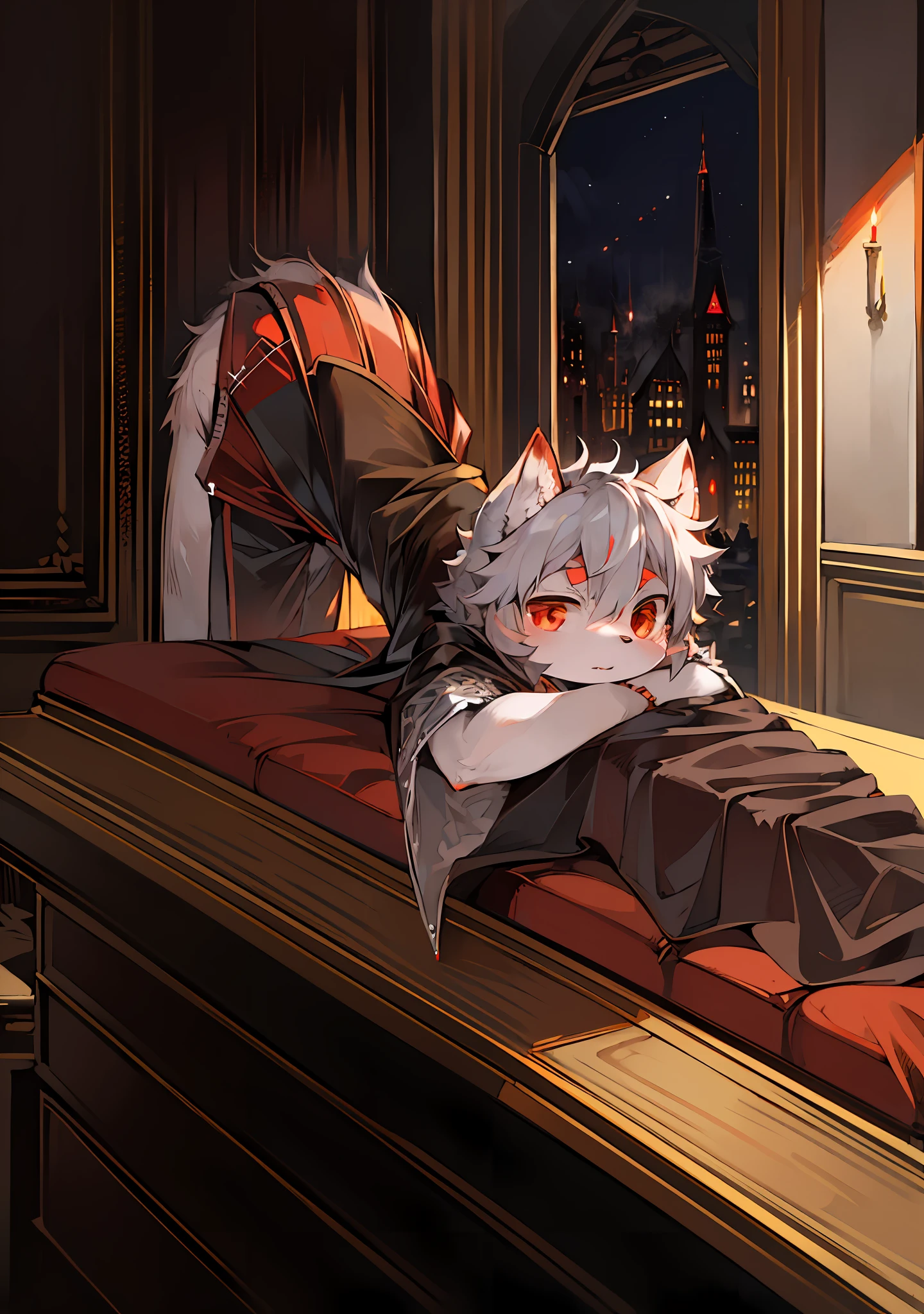 (dark environment:0.8),masterpiece, high quality, absurd res, digital painting \(artwork\), by dagasi, yupa,kiyosan,(anthro,fluffy fur,character focus:1.1),anthro male cat,short hair,portrait, bright eyes,panorama,character focus.(detailed background:0.7),solo,furry,furry male ,male focus,anthr,(Full body fur, fluffy tail, white fur,red eyes,gray hair:1.2),(long canines,vampire, cape:1.2),(interior,night, castle, coffin:1.1)