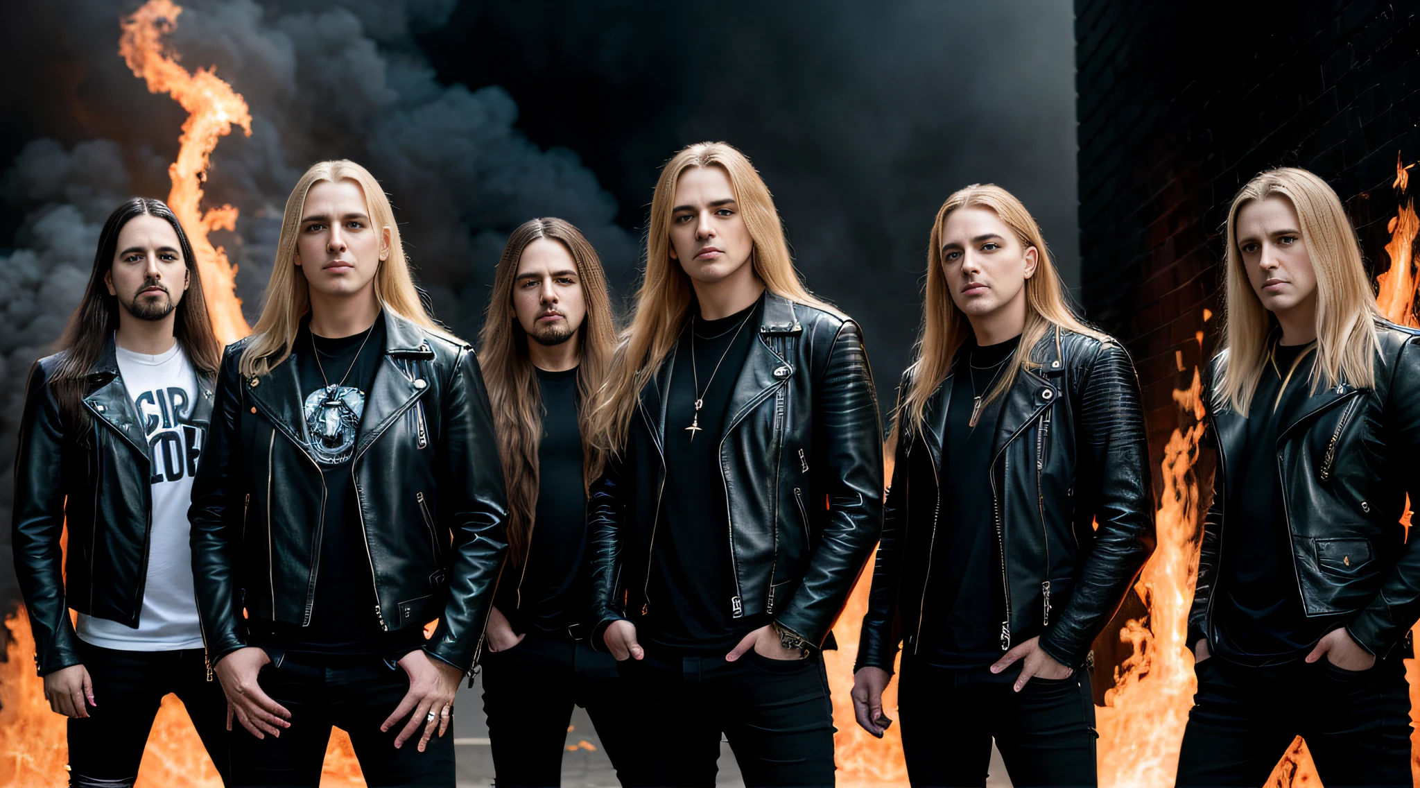 a group of young boys, in leather jacket and black clothing, with long blonde hair, close up, standing in front of a wall, dream theater, new wave british heavy metal, doom metal, heavy rock band promo photo, heavy metal band promo, sotn, sf, u. h. d, infernal, dramatic art,  remastering, pentagram, apocalypse and fire, ready printing, slayer, a bald head, promotional image