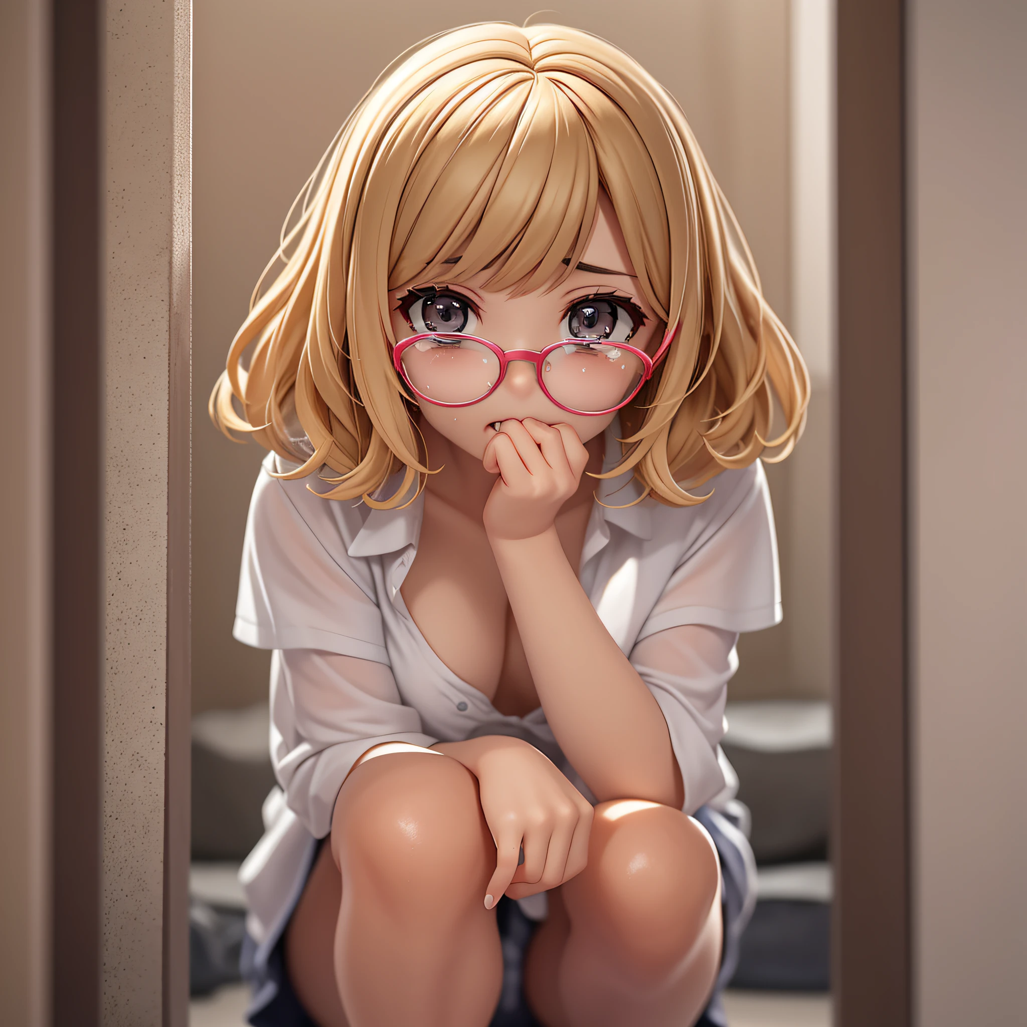 Crouching in a corner of a dark room, crying with tears streaming down her eyes and her mouth wide open, Emily is a -yeld Frh girl. Wavy short-cut hair mixed with brown and blonde, straight bangs, beauty with glasses, small breasts, fond of camisoles. I like brown frame glasses.