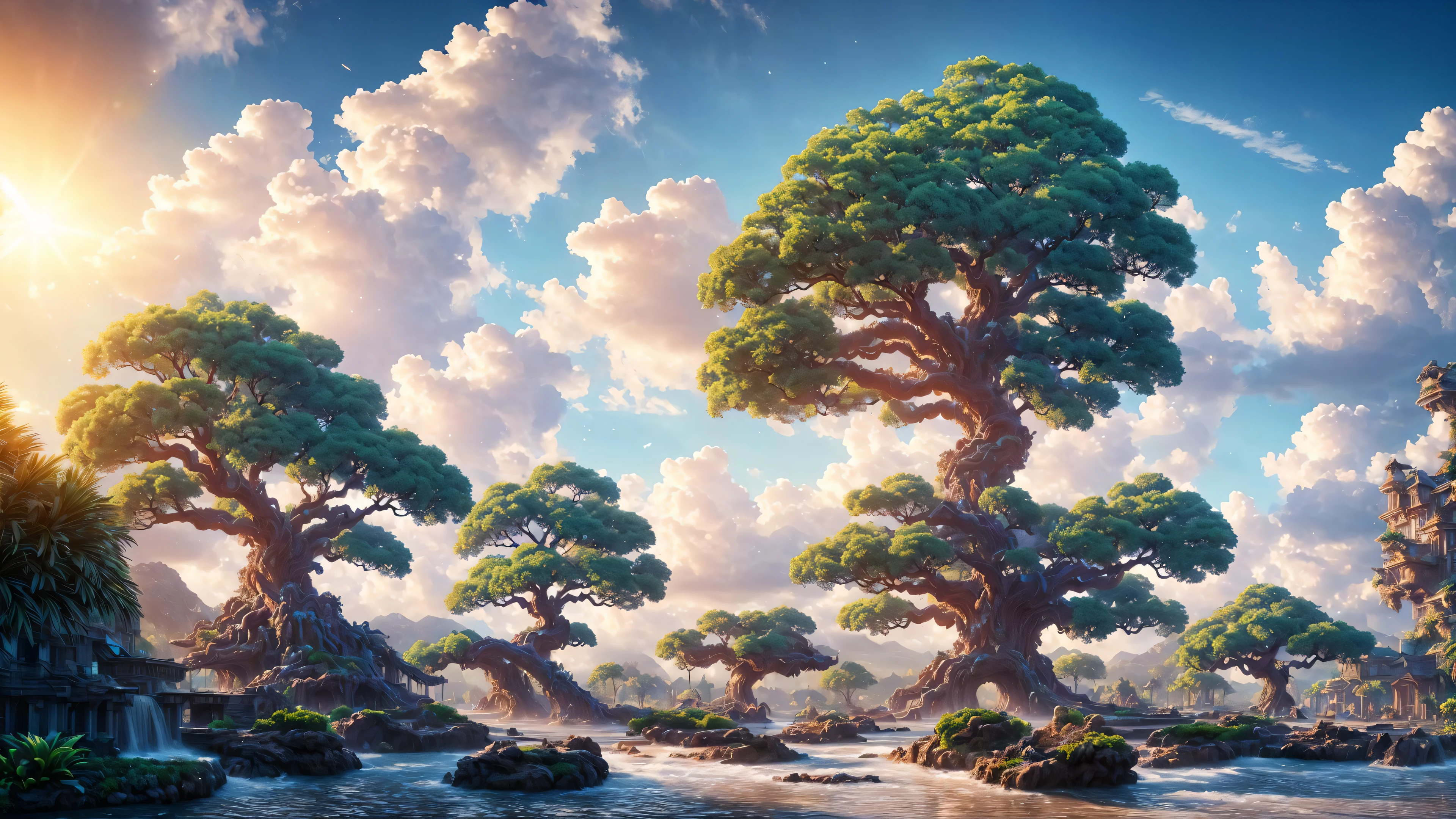 masterpiece, best quality, high quality, extremely detailed CG unity 8k wallpaper, a hyperrealistic colossal cyan raintree, in a futuristic prehistoric village, splashing water, sandy debris, lens flares, sunshaft, fluffy clouds, Hyperdetailed, HDR, bloom, Photorealistic, hyperdetailed