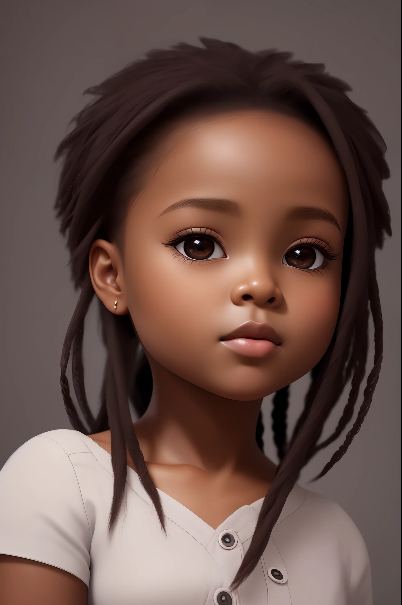 realistic portrait of a baby, African American ((dark brown skin color)), ((chibi)), ((bed, bedroom)), wearing blouse, black pants and black shoes, current fashion, African style hair, dark lighting background, close-up, product vision, detailed facial details, perfect face, sharpness, trend art, sharp facial details, cgsociety, very high quality digital art, exquisite hyper details, 4k, 8K soft lighting, --ISO 100 dreamer, fashion-