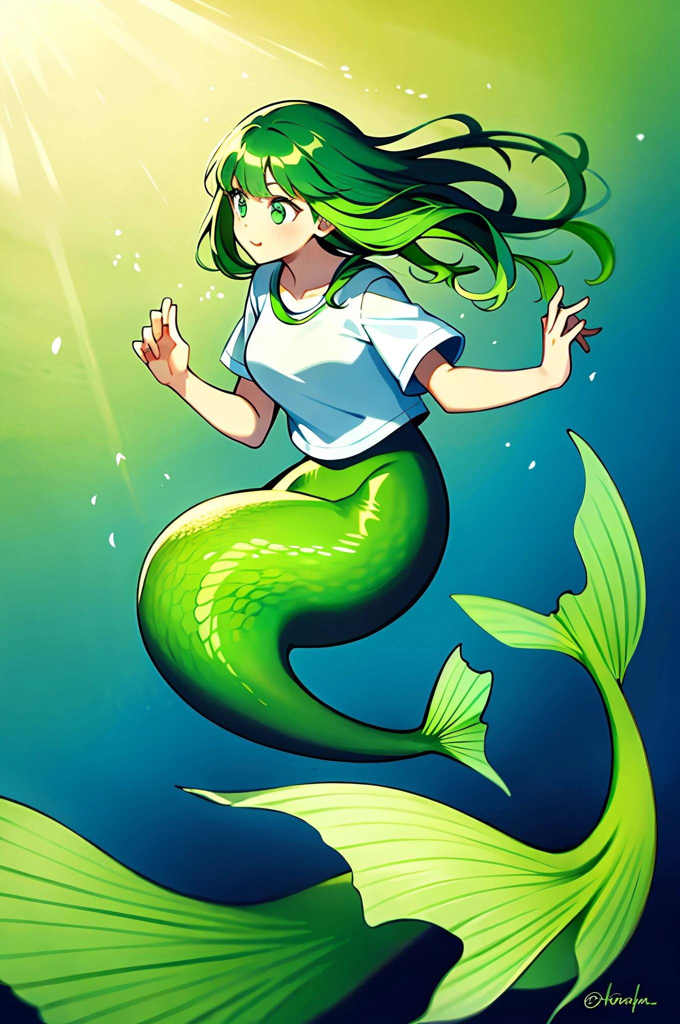 1girl with light green hair wearing a shirt, mermaid, masterpiece, best quality, long hair