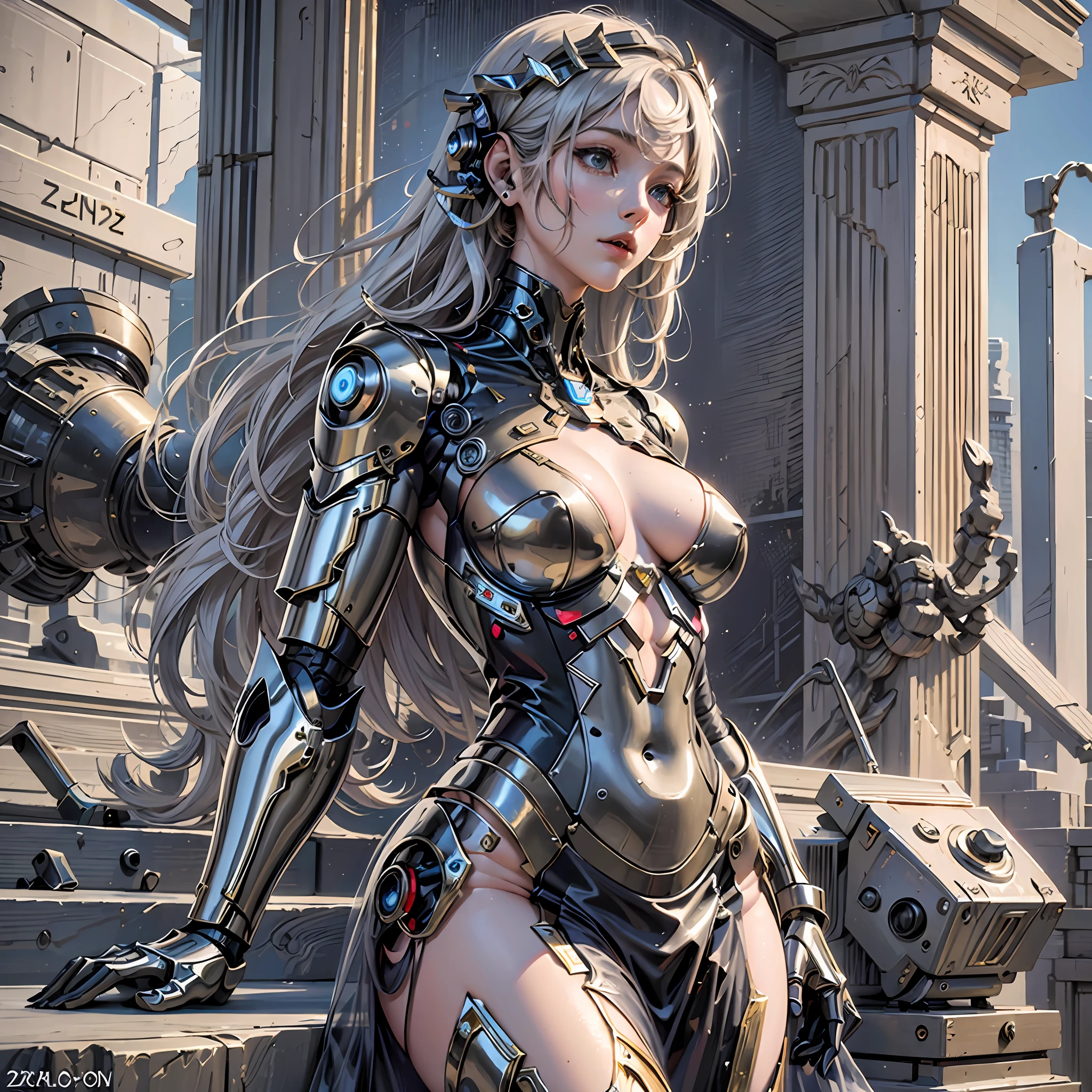 (masterpiece), (best quality), photorealism, realistic, ultra detailed, perfect face, perfect body, 1girl, beautiful girl, Greek goddess, Greek clothes,peplos, stand, sexy, robotic arm, mechanical