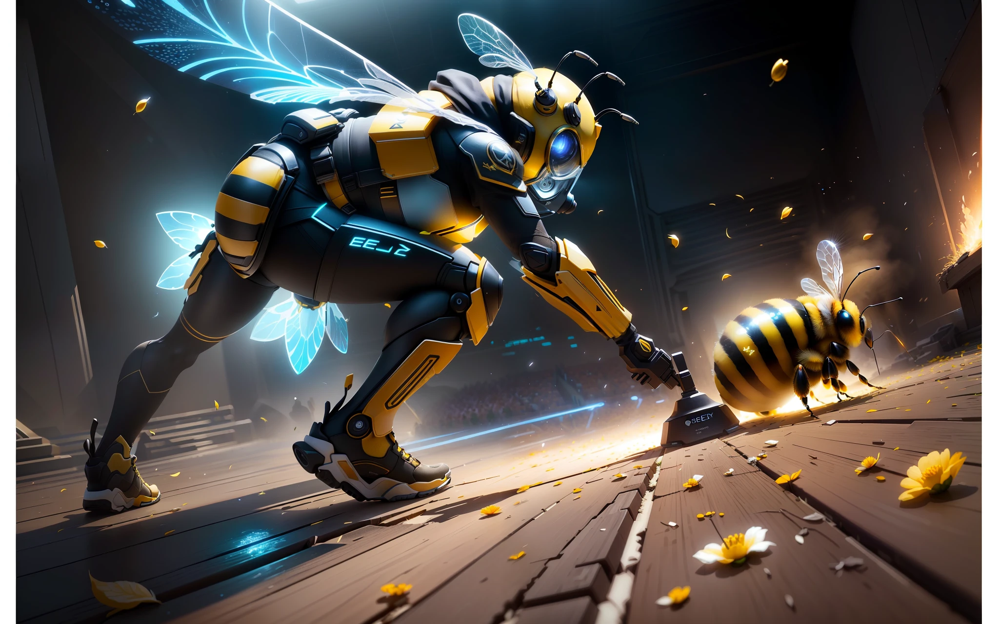 (bee), (petal), (macro lens), (bee body), (antenna), (leg), (pollen), (dewdrop), (shimmer), (visual experience). (Best Quality, Masterpiece: 1.4), (Realism:1.2), (Realisitc:1.2),tk-char, Multiple views of the same crowd scene, Award-winning graphics, Final Fantasy, Masterpiece, Very detailed, 8k, Detailed, Ultra-Detailed, Digital Art, rtx, Unreal Engine, Scene concept art, glare effect