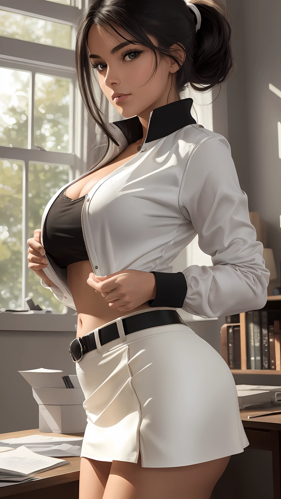 Masterpiece, highest quality, high resolution, extreme detail, 1 woman, 18 year old female pulling on her clothers, tan skin, large breasts, dark lips, eye liner, blushing cheeks, black hair in a very large pony tail, cream jacket, white blouse, grey skirt, black nylons, indoors, camera shot from the side, camera shot from below, desk, office setting, next to large windows, scattered papers, fashion model pose, dynamic pose, 3/4 long shot, cowboy shot,