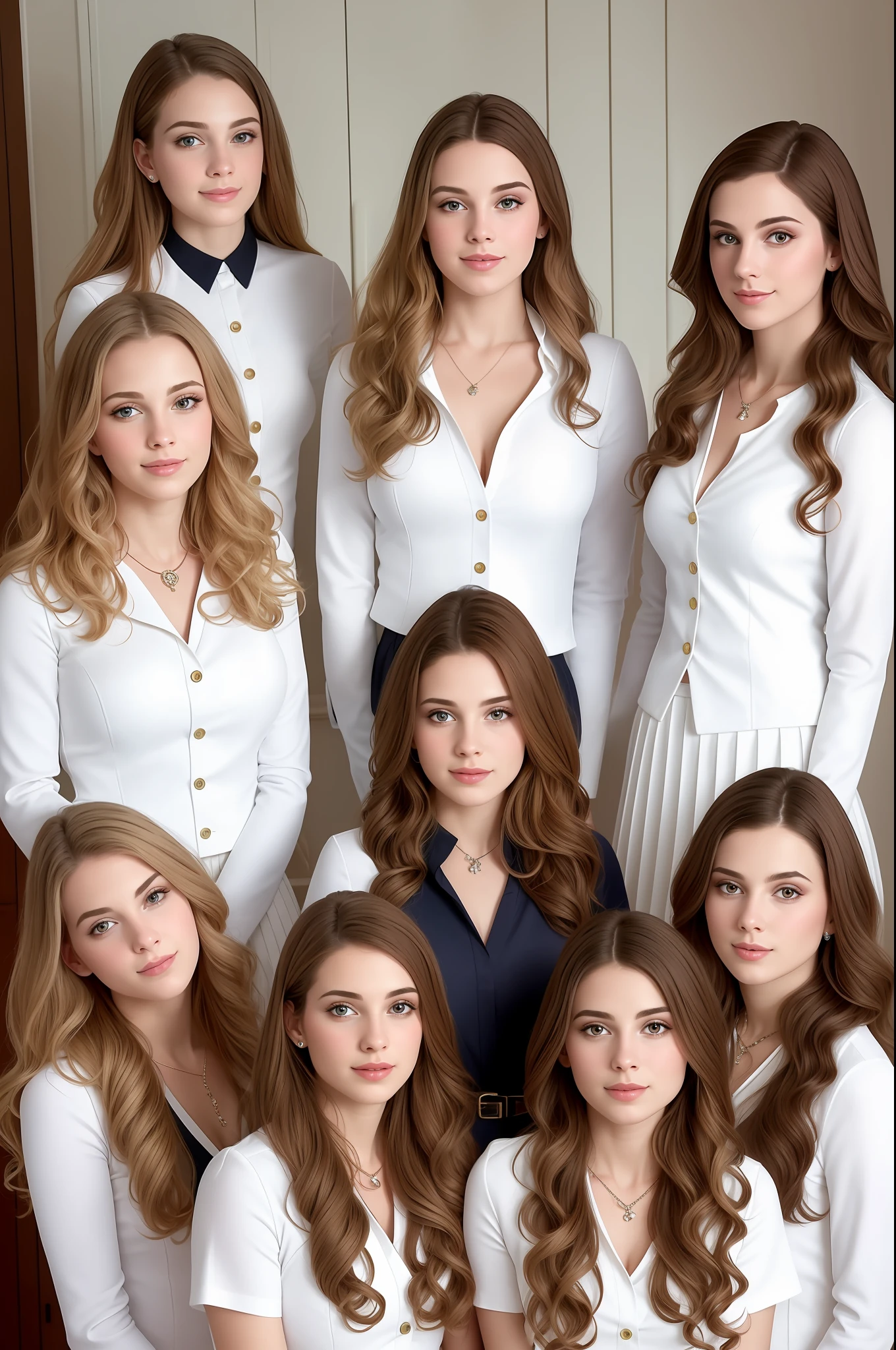 stunning identical sextuplets standing close together, in a room, 25 years old, full body, identical bodies, pale skin, athletic body, identical height, wearing white skirt suits, same faces, same hairstyle, long wavy hair, same colour hair, light brown hair, five fingers on each hand, smiling, color, realistic, sharp focus on eyes, sharp focus on nose, 8 k, high definition, insanely detailed, elegant, ultra realistic, photorealism,