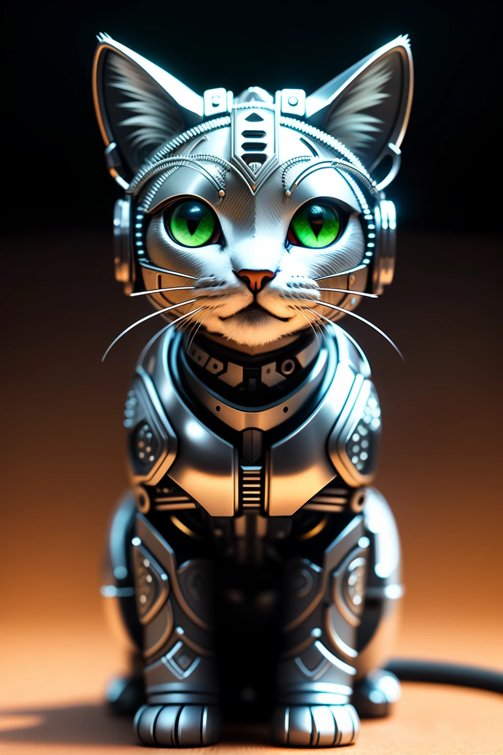 A cute kitten made of metal, (cyborg:1.1), ([tail|detailed wire]:1.3), (intricate detail), hdr, (intricate detail, hyperdetailed:1.2), cine footage, halo shadow, centered