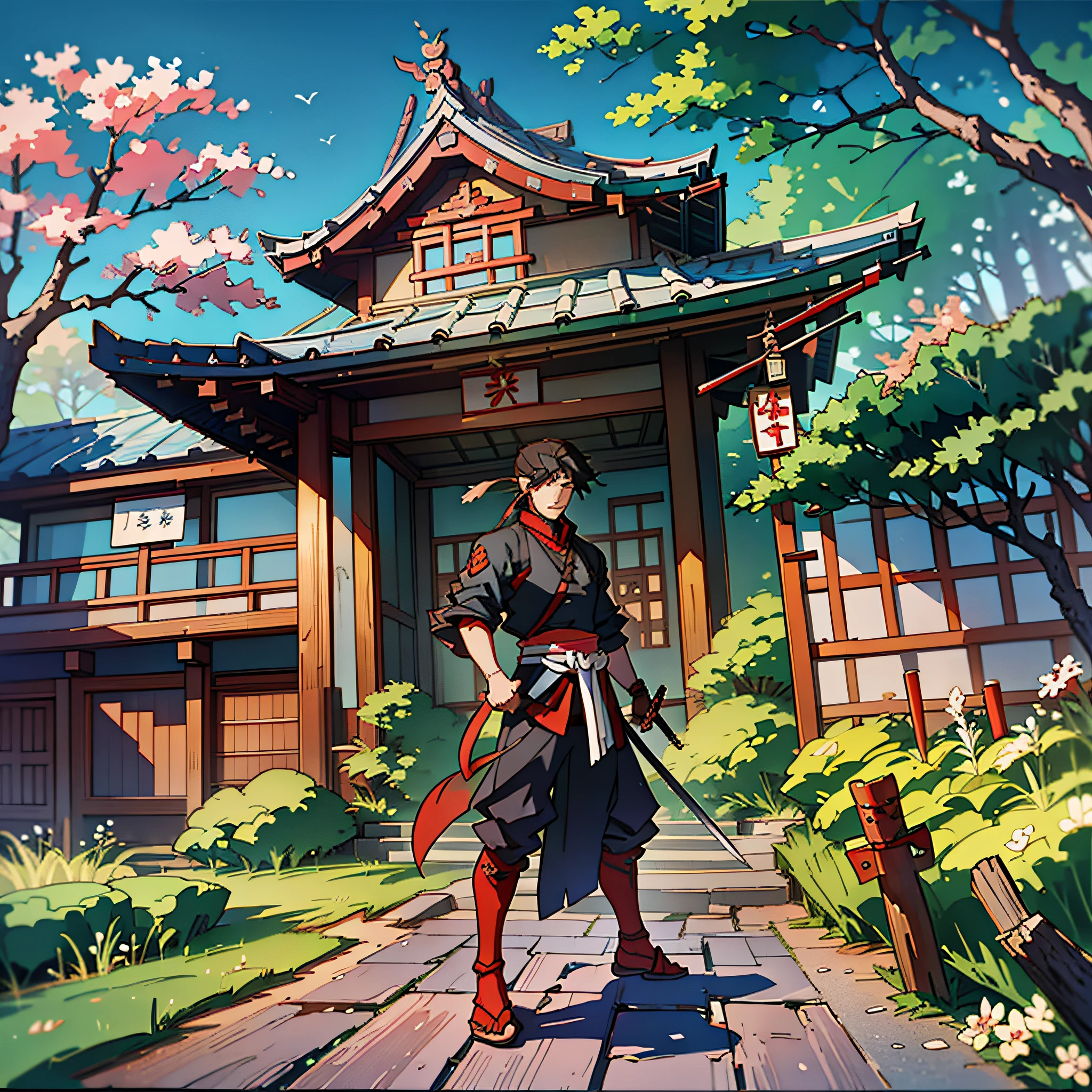 A ronin man with sword at his waist in combat pose, with a Japanese temple filled with cherry trees, pine trees using the style of isometric anime