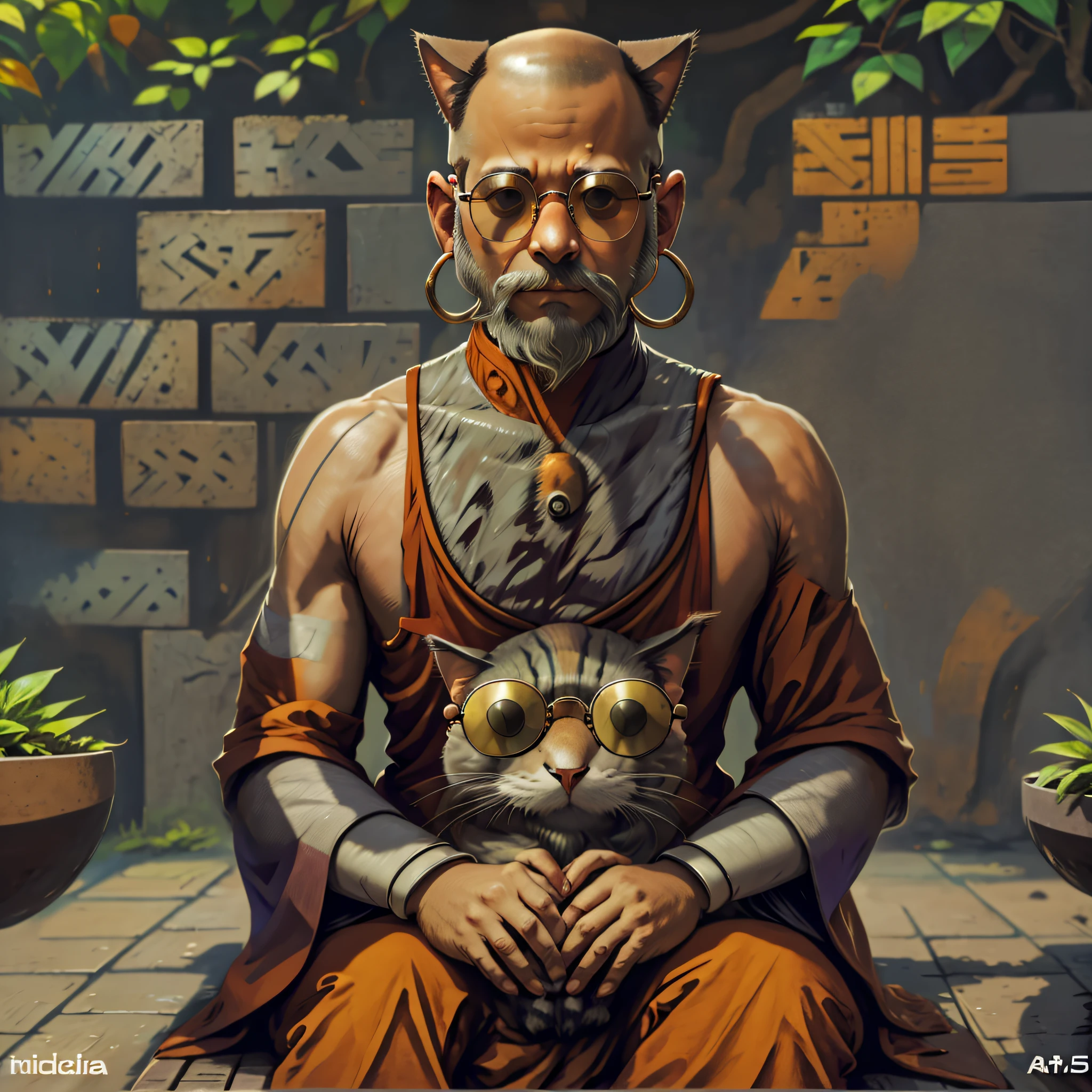 monk meditating/india/four arms/bald/glasses/round sunglasses/earring/cat near --auto --s2