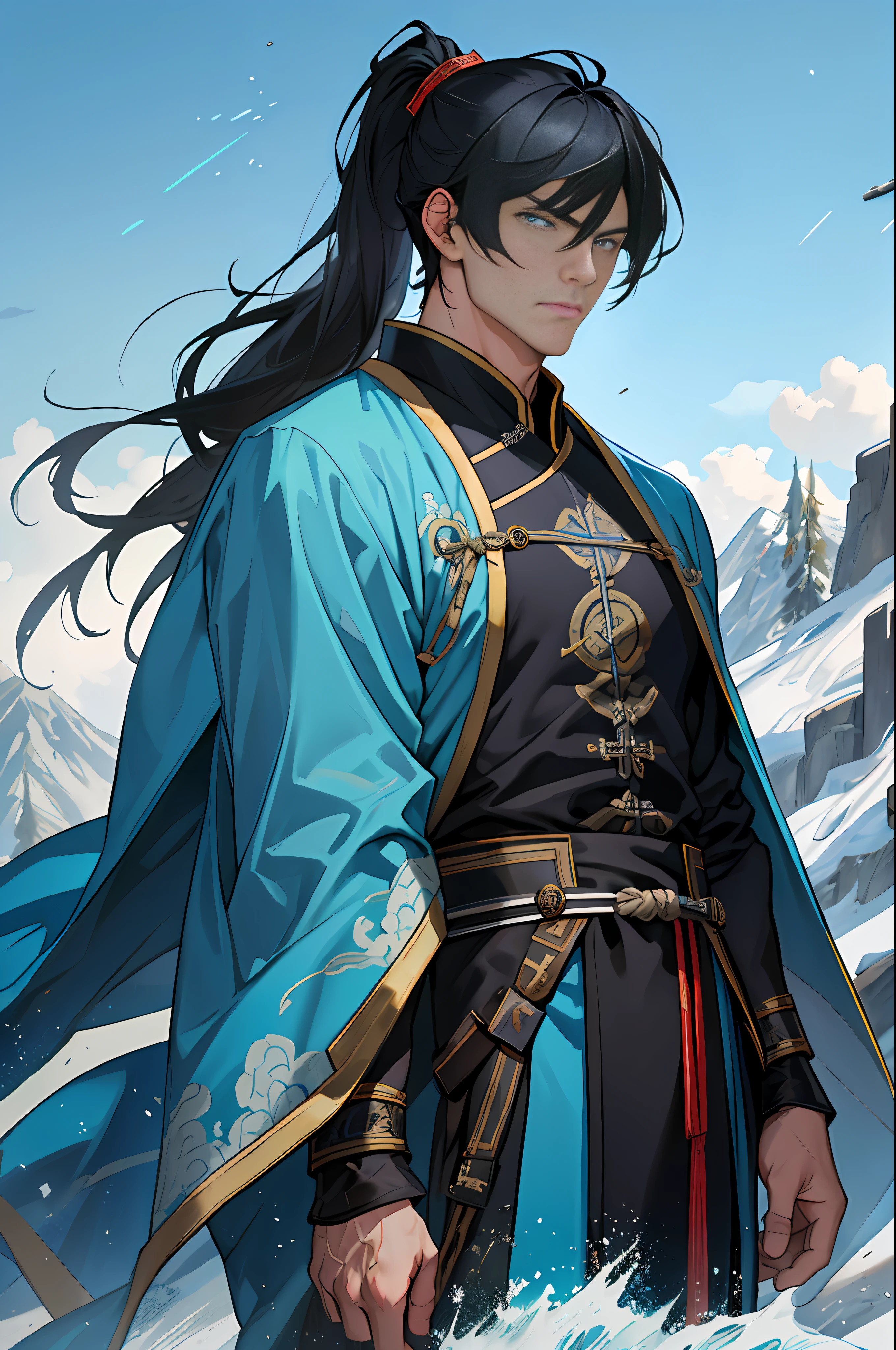 Masterpiece quality quality, surrounded by blue and black lightning particles, general in armor, ancient Chinese style + battlefield general style, masterpiece, excellent, a man, Chinese style, ancient Chinese, black hair, gray-blue eyes, split hair, long hair, long bangs, (high ponytail: 1.5), handsome, masculine, gentle, tall, quiet, cyan robe, outdoors, cape, branches, wind comfort, young man, steady expression, in the mountains