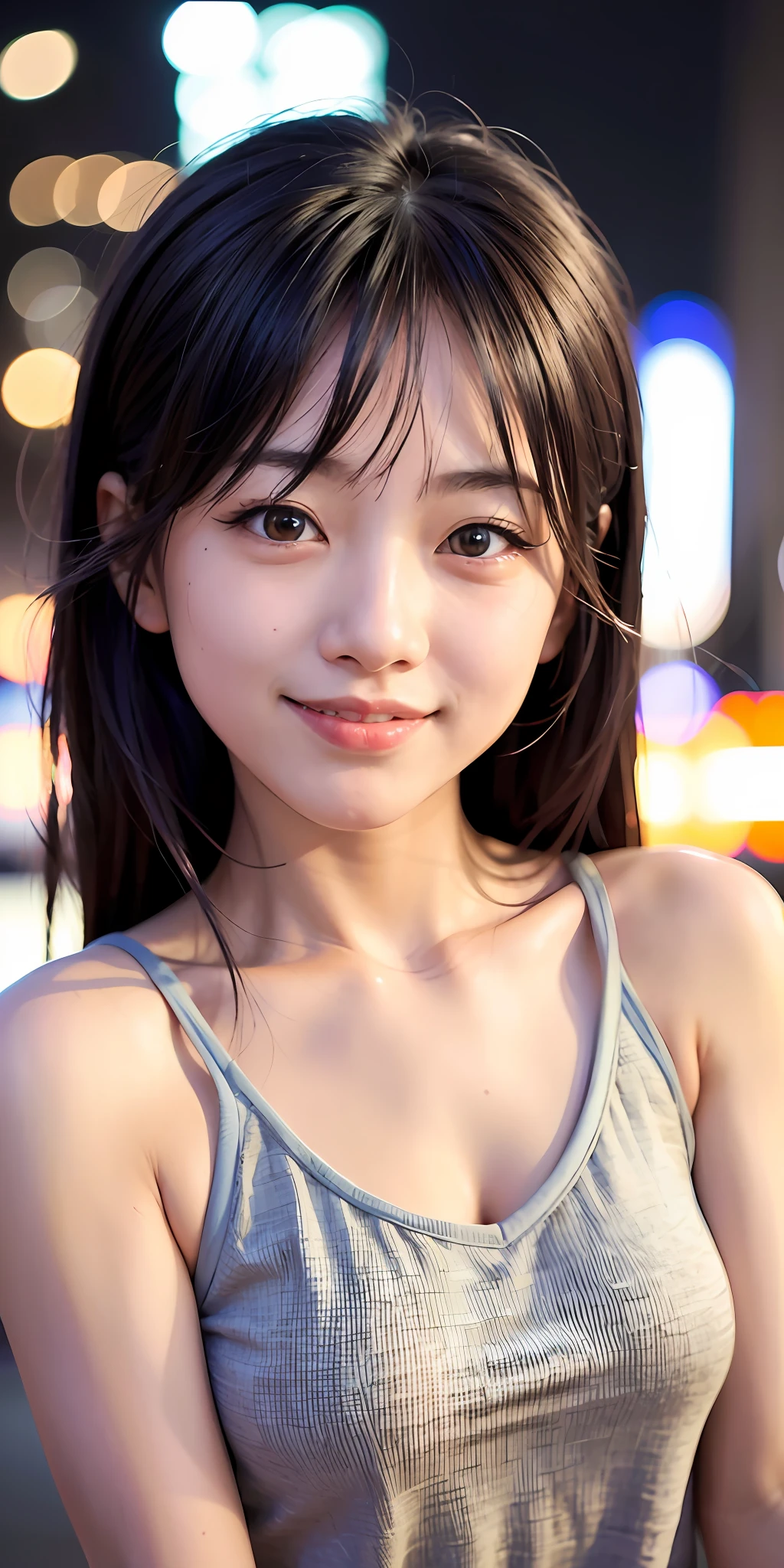 1girl, Tokyo street,night, cityscape,city lights,upper body,close-up,smile,, (8k, RAW photo, best quality, masterpiece:1.2),(realistic, photo-realistic:1.37),