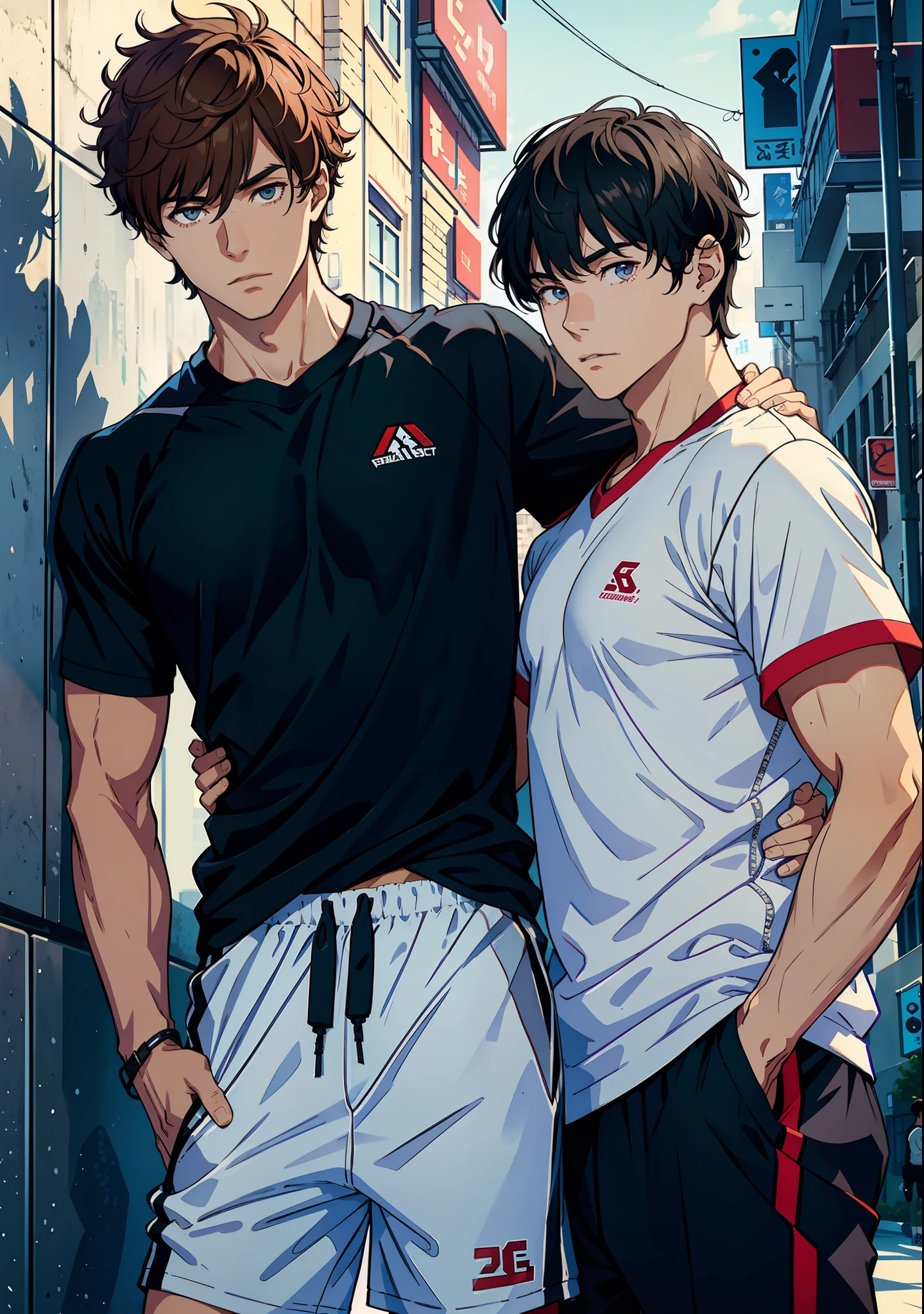 Duo, male interaction, Bl, student department, handsome dude, laid-back, sportswear