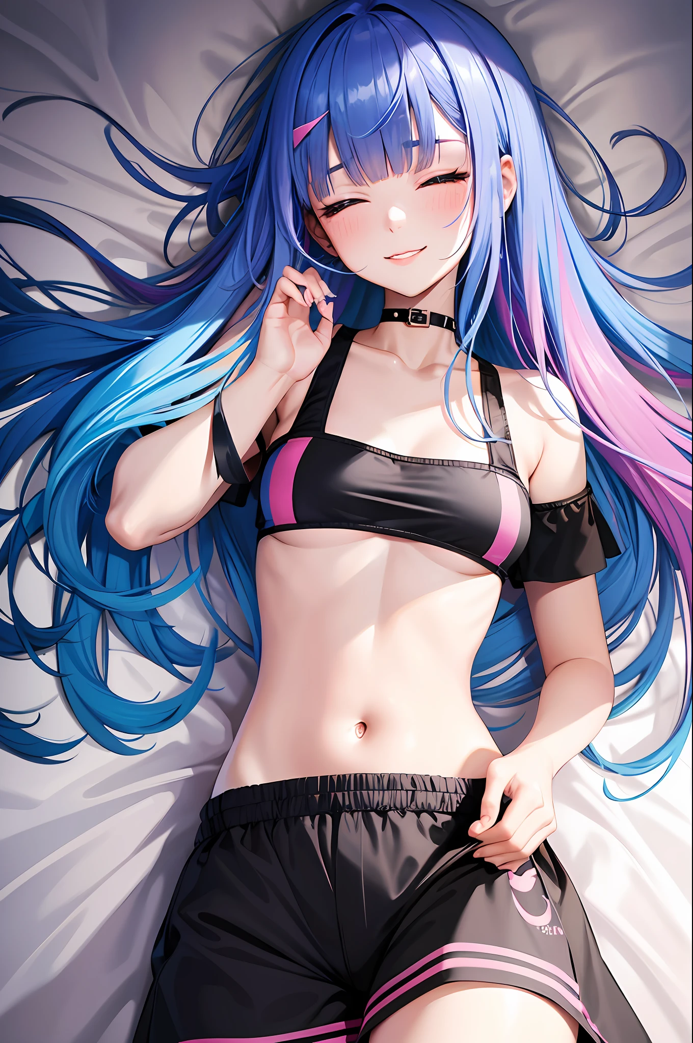 sleep, lying down, night, bed sheet, embarrassed, close one eye, bed, bedroom, nike, piercing woman, piercing, smile, colorful hair, shorts, blunt bangs, (black skirt), 1girl,solo, flashy hair, photorealistic, high resolution, 1 girl, golden and pink and light blue hair, colorful hair color, korean, cowboy shot,